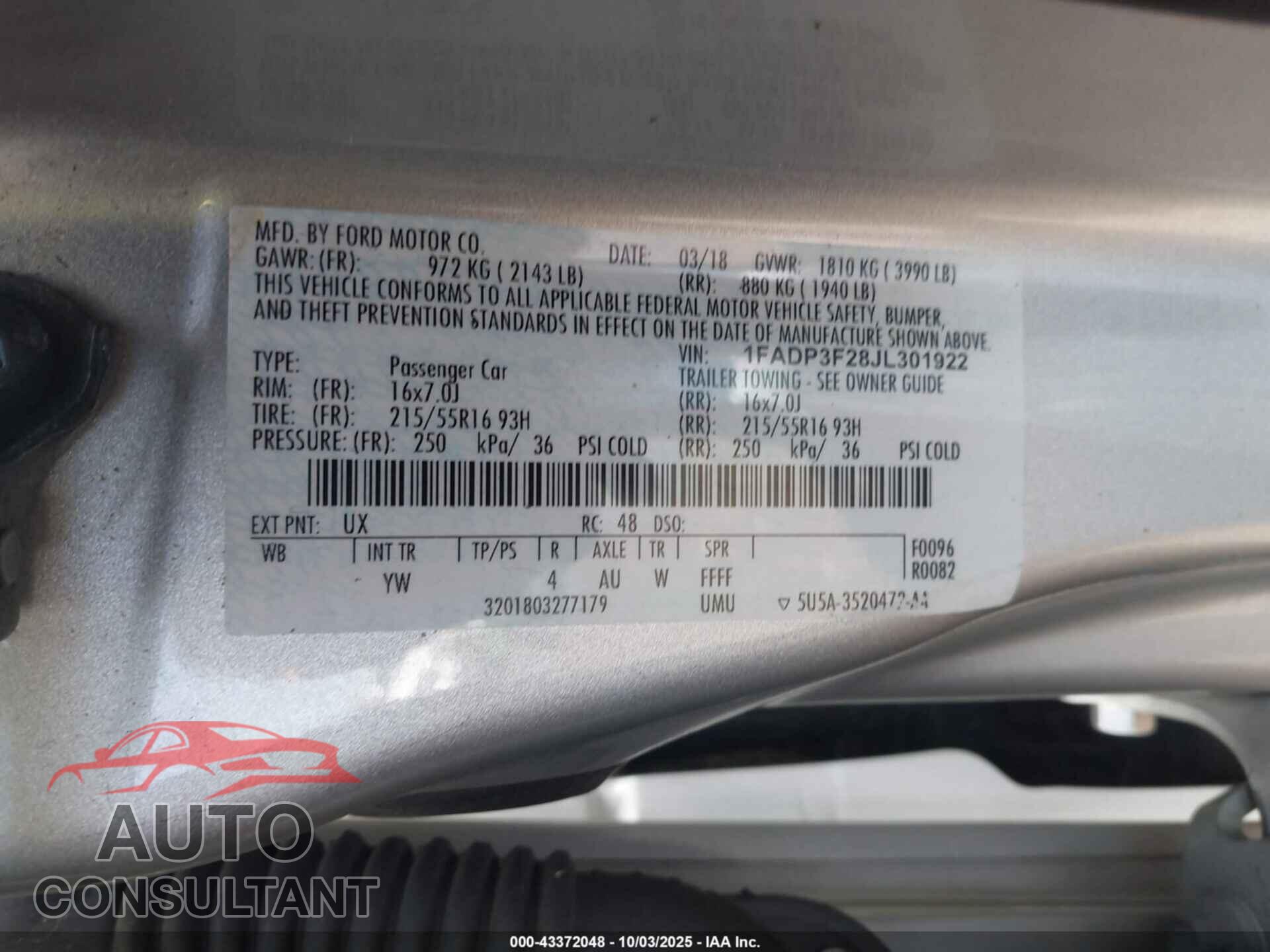 FORD FOCUS 2018 - 1FADP3F28JL301922