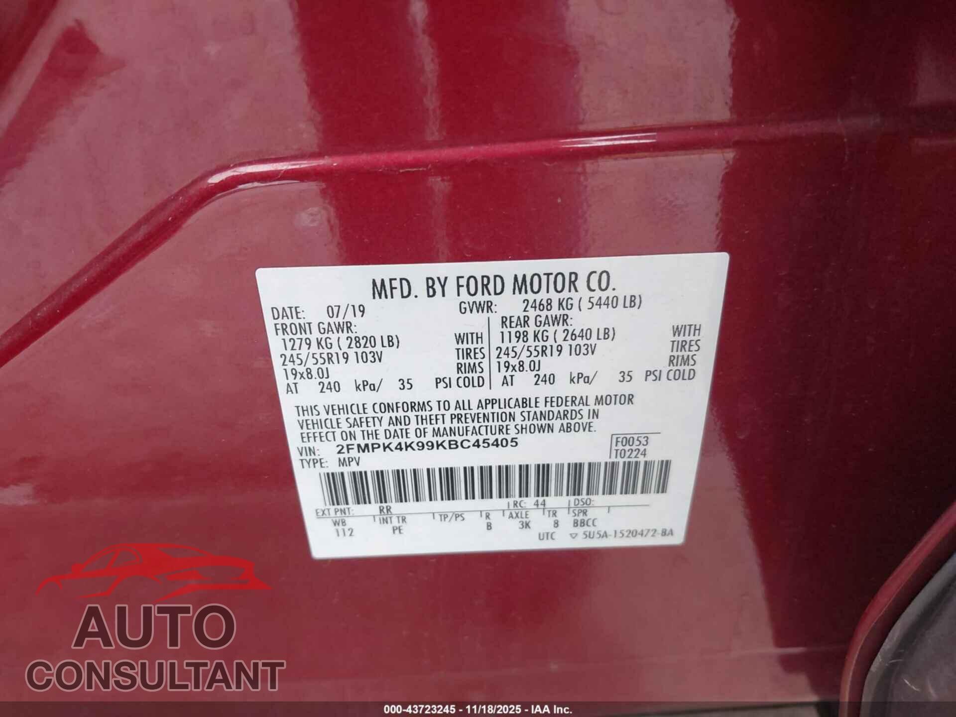 FORD EDGE 2019 - 2FMPK4K99KBC45405