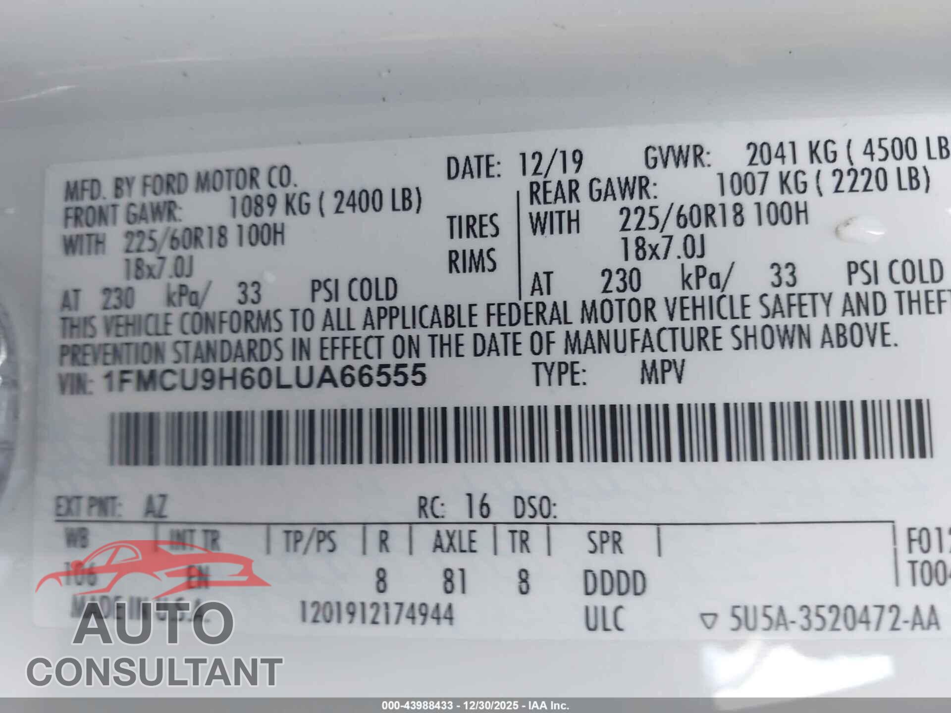 FORD ESCAPE 2020 - 1FMCU9H60LUA66555