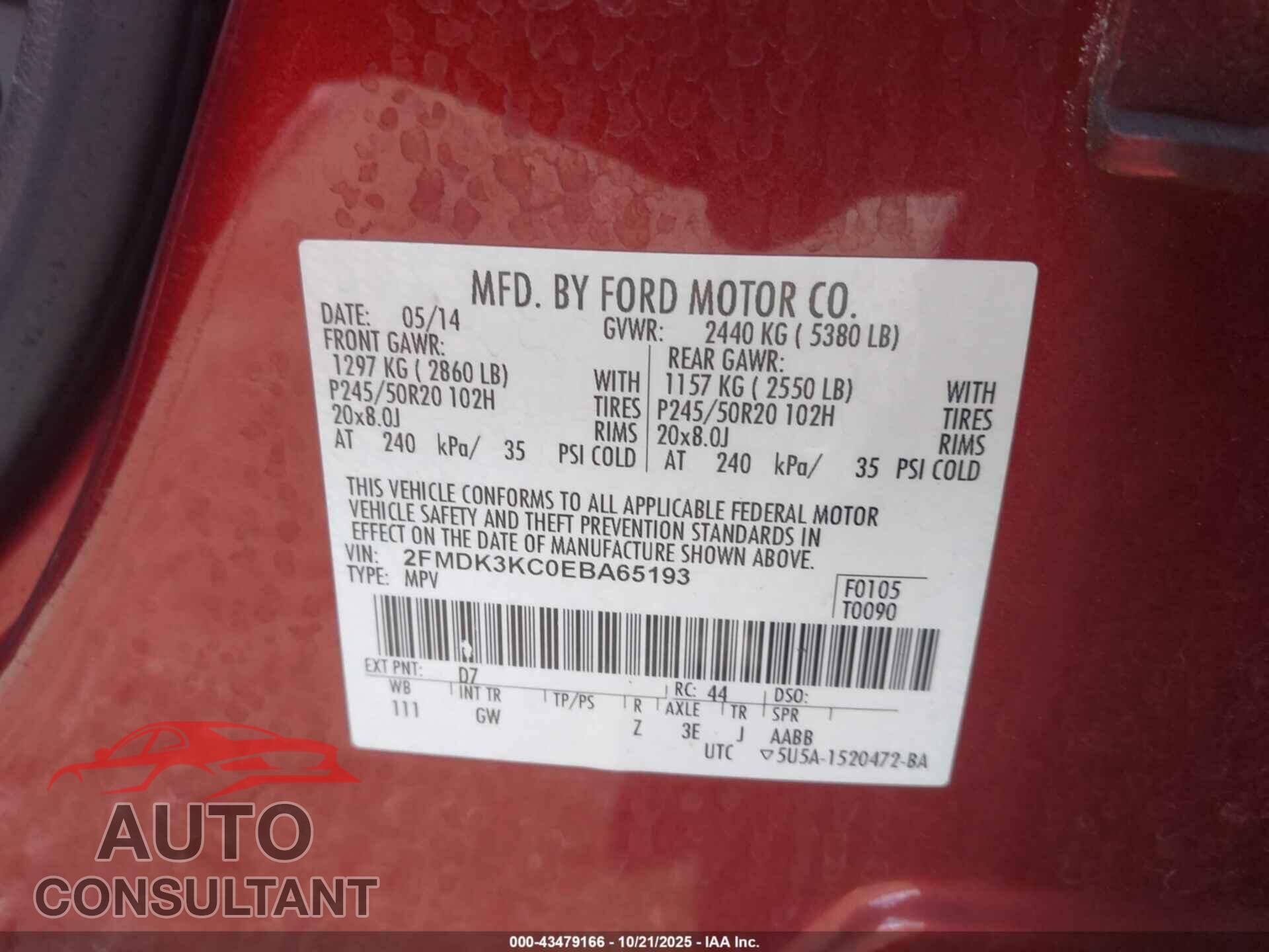 FORD EDGE 2014 - 2FMDK3KC0EBA65193
