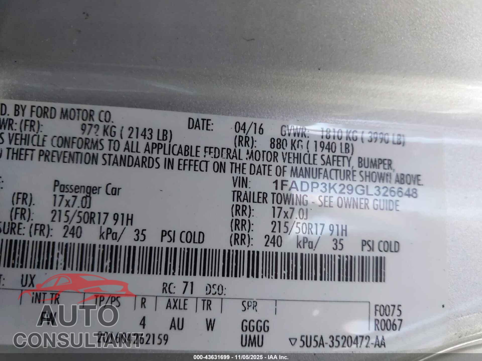 FORD FOCUS 2016 - 1FADP3K29GL326648