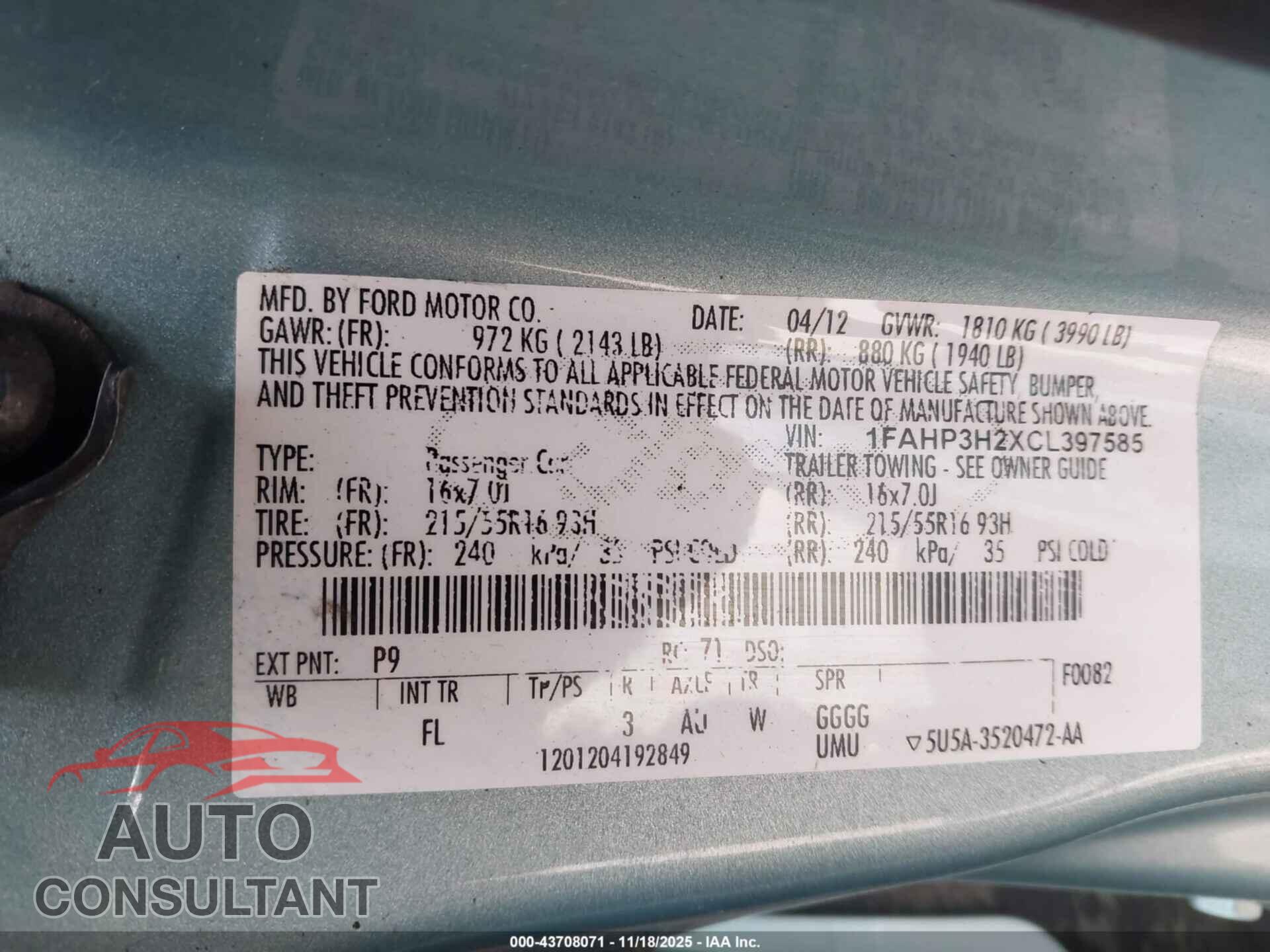 FORD FOCUS 2012 - 1FAHP3H2XCL397585
