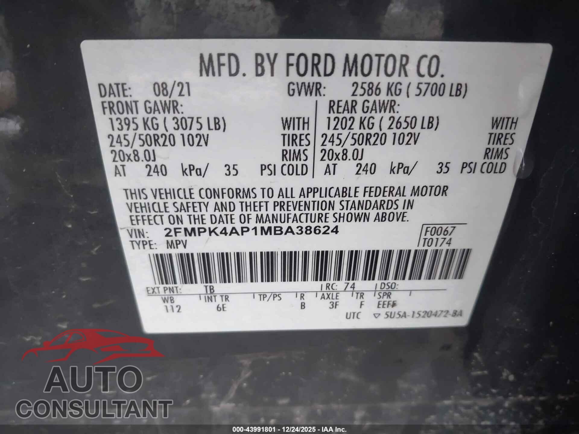 FORD EDGE 2021 - 2FMPK4AP1MBA38624