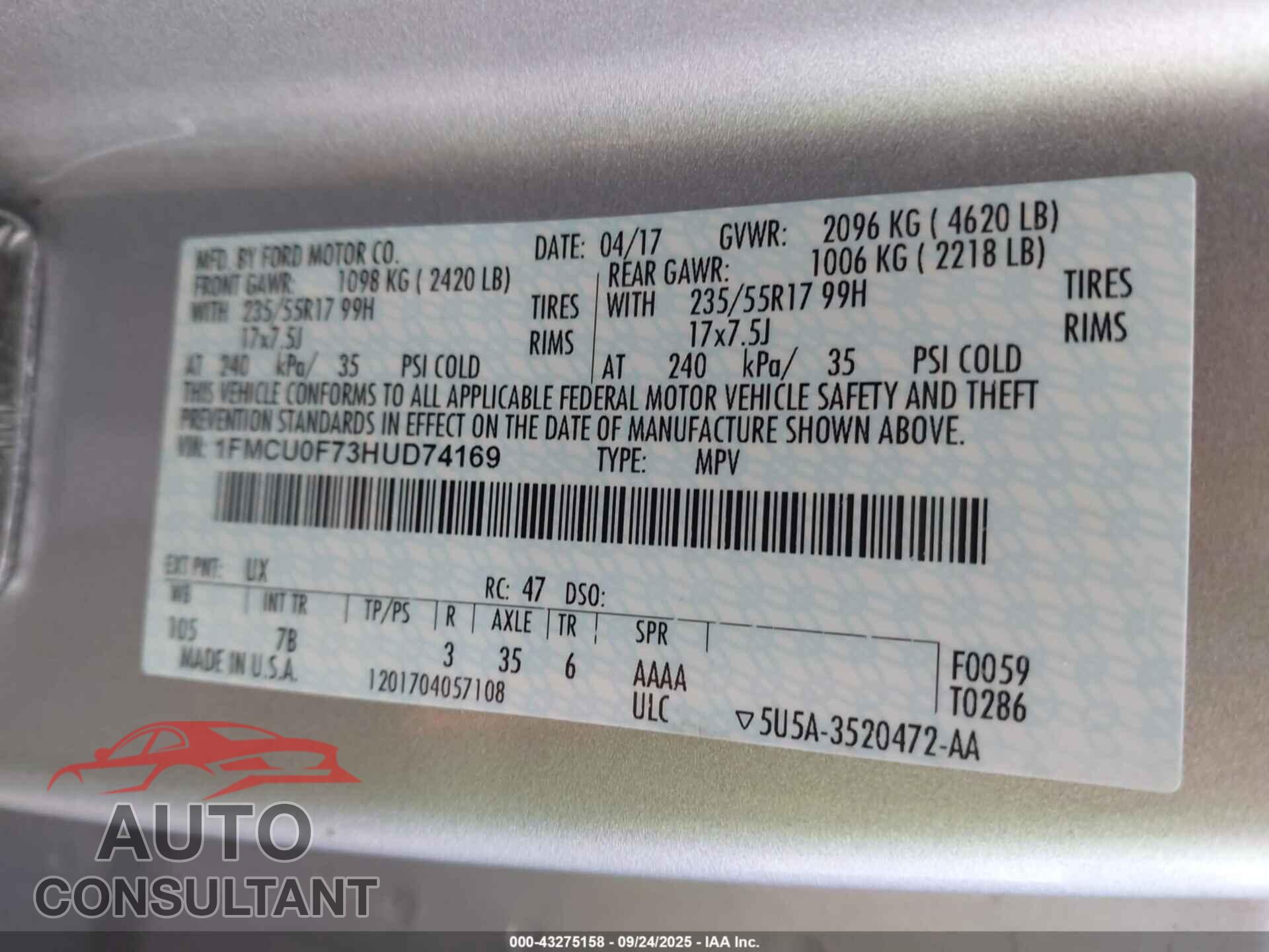 FORD ESCAPE 2017 - 1FMCU0F73HUD74169