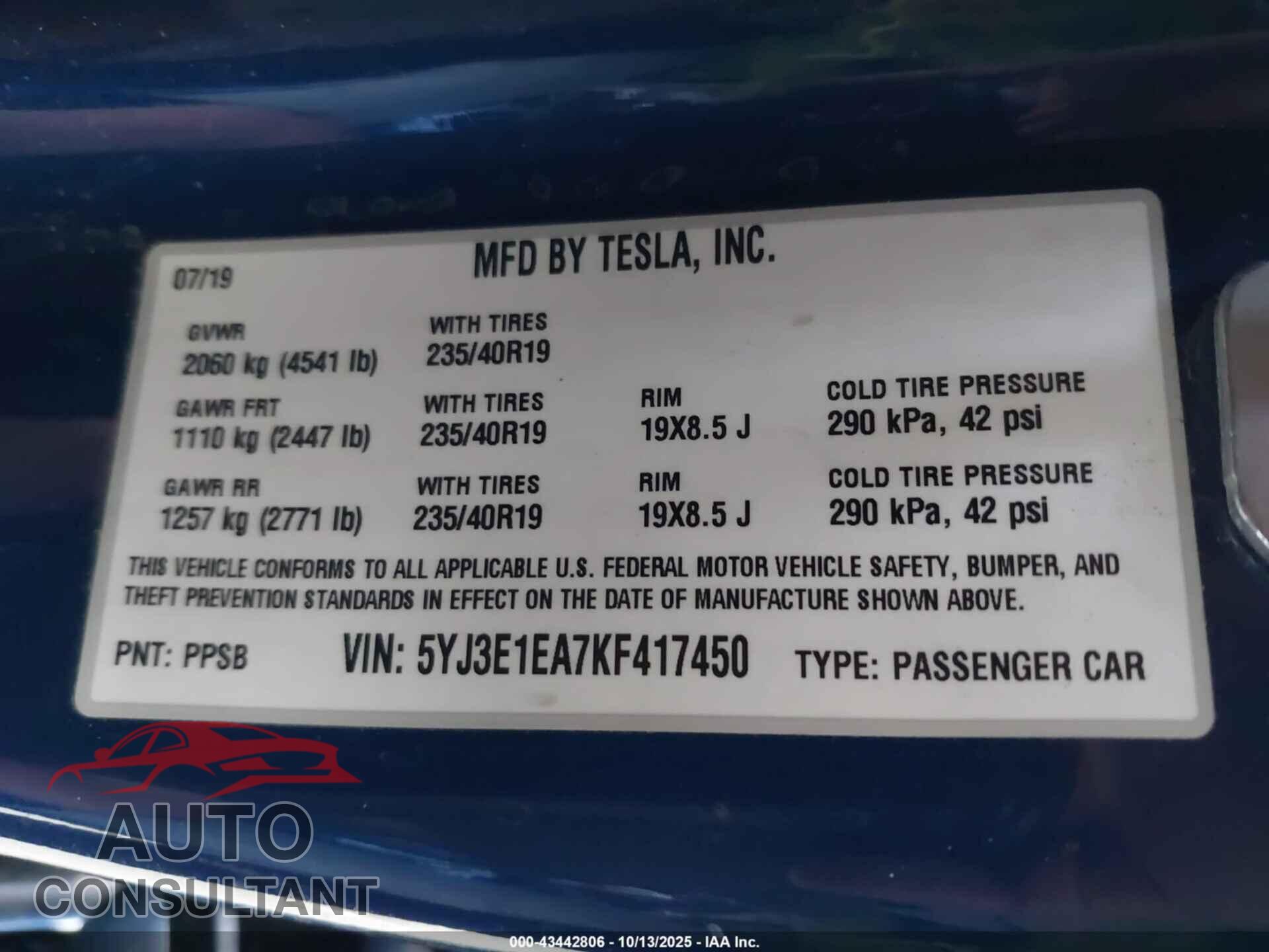 TESLA MODEL 3 2019 - 5YJ3E1EA7KF417450