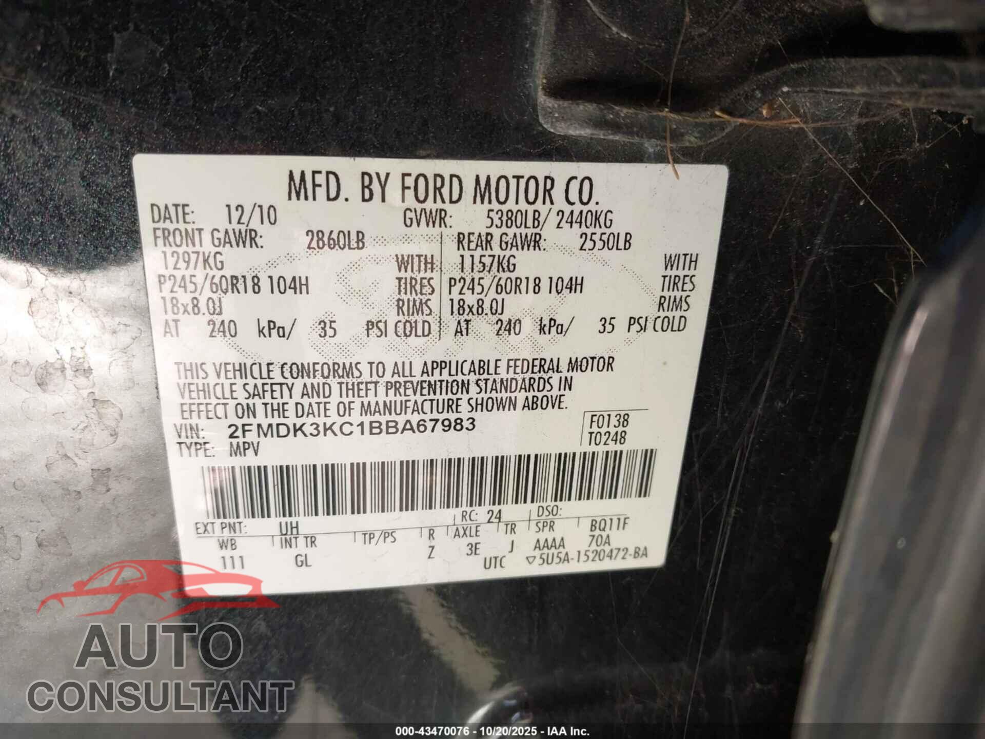 FORD EDGE 2011 - 2FMDK3KC1BBA67983
