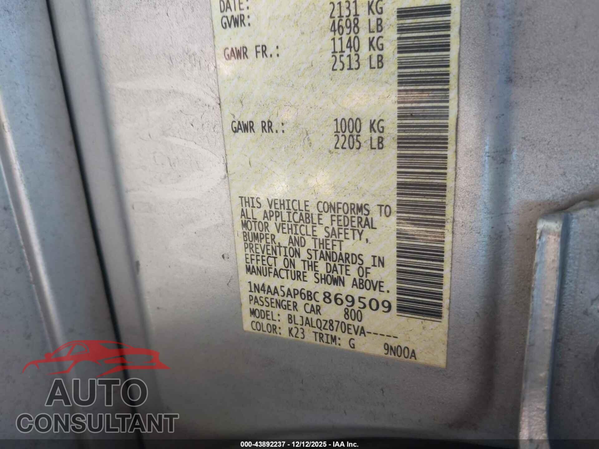 NISSAN MAXIMA 2011 - 1N4AA5AP6BC869509