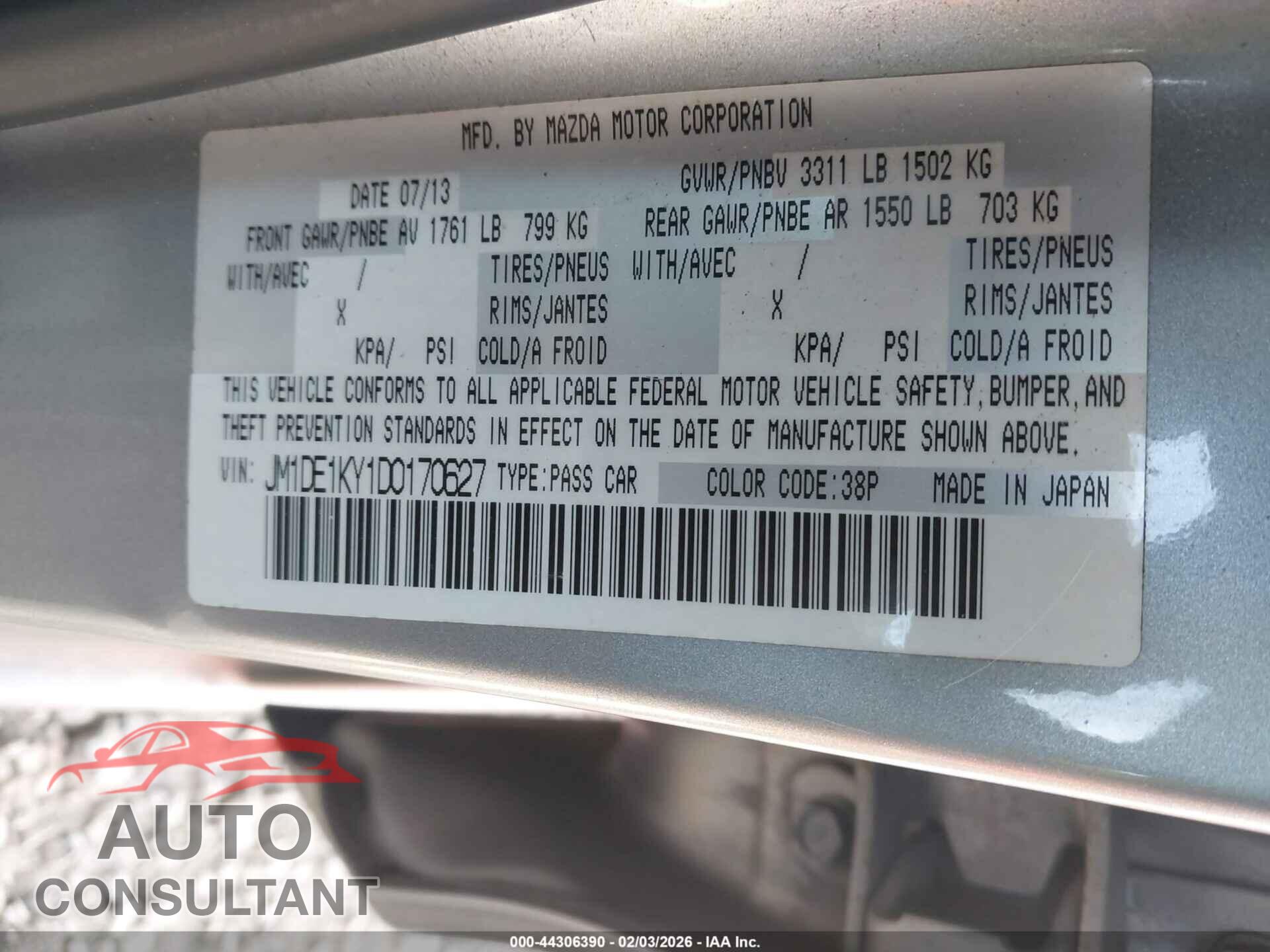 MAZDA MAZDA2 2013 - JM1DE1KY1D0170627
