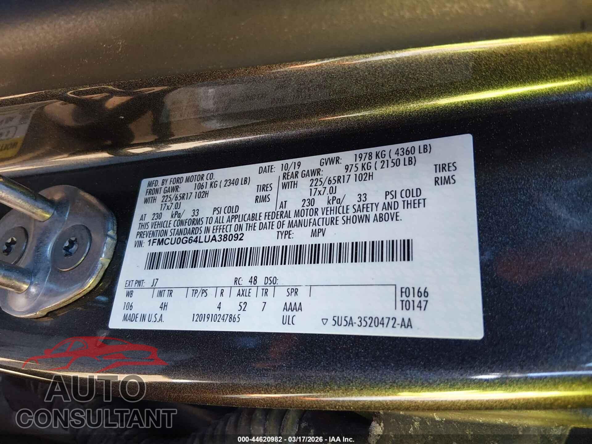 FORD ESCAPE 2020 - 1FMCU0G64LUA38092