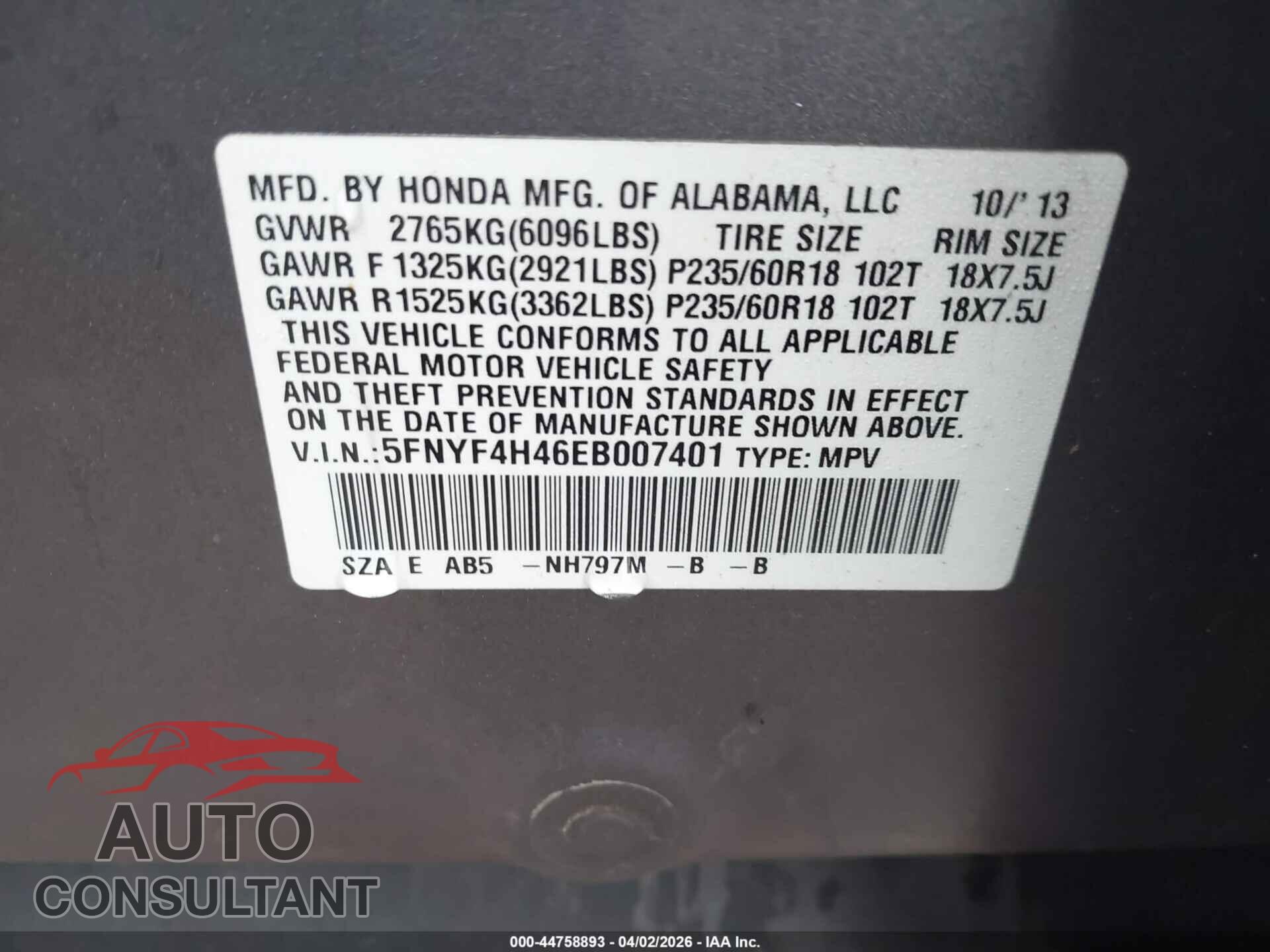 HONDA PILOT 2014 - 5FNYF4H46EB007401