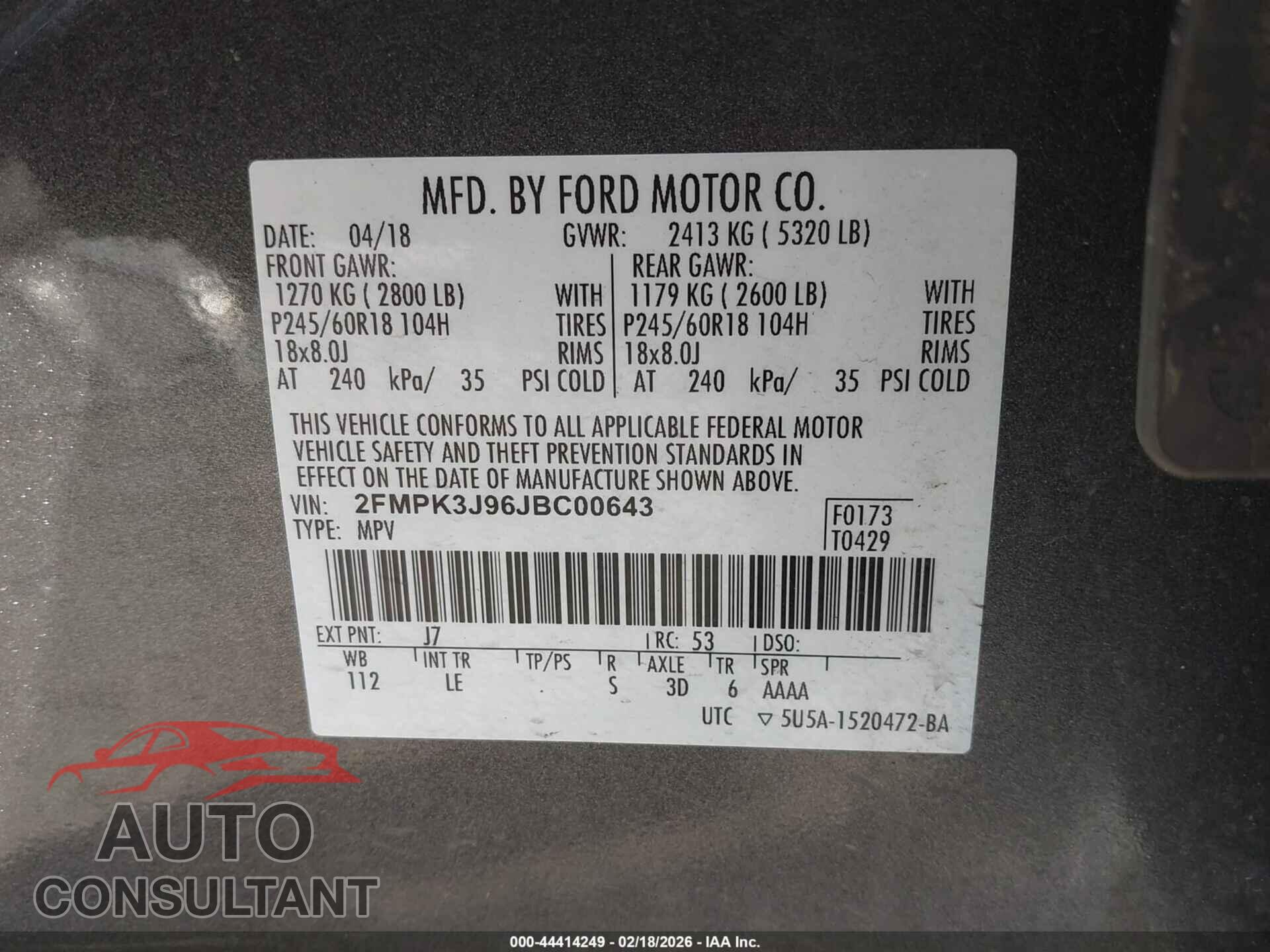 FORD EDGE 2018 - 2FMPK3J96JBC00643