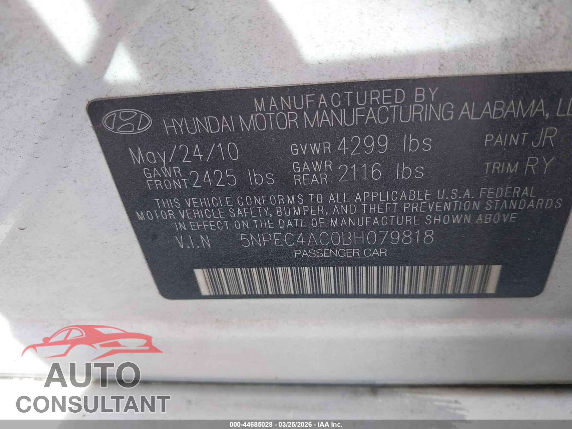 HYUNDAI SONATA 2011 - 5NPEC4AC0BH079818