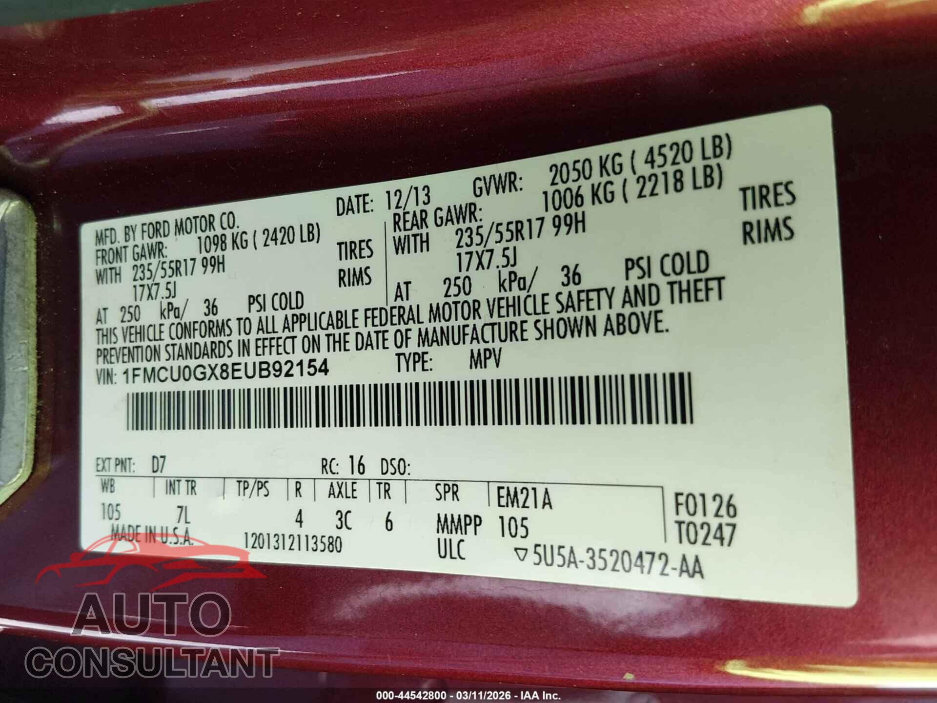 FORD ESCAPE 2014 - 1FMCU0GX8EUB92154