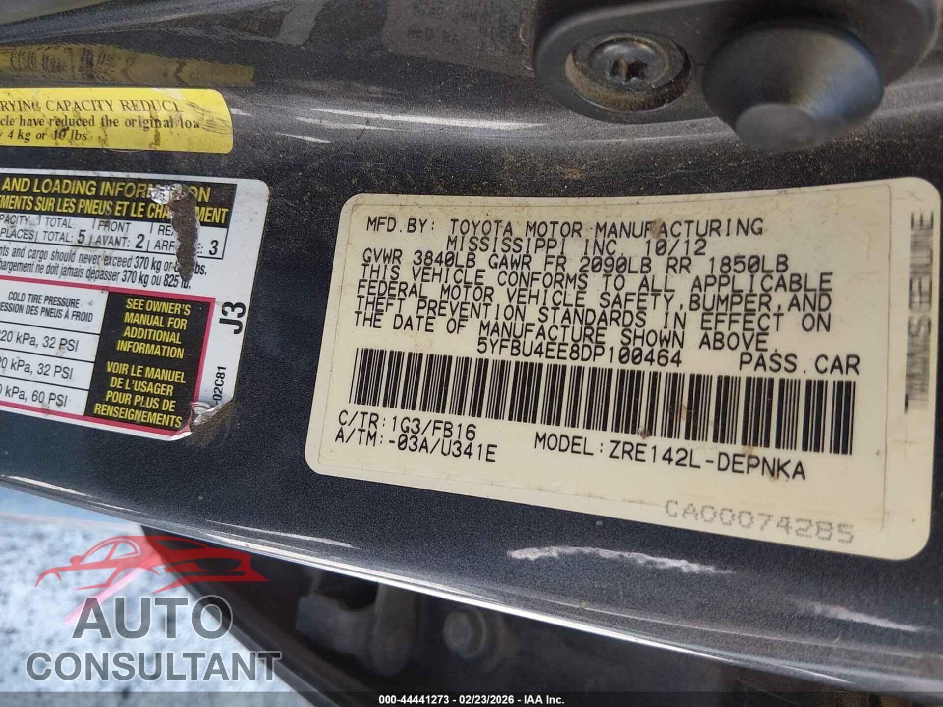 TOYOTA COROLLA 2013 - 5YFBU4EE8DP100464