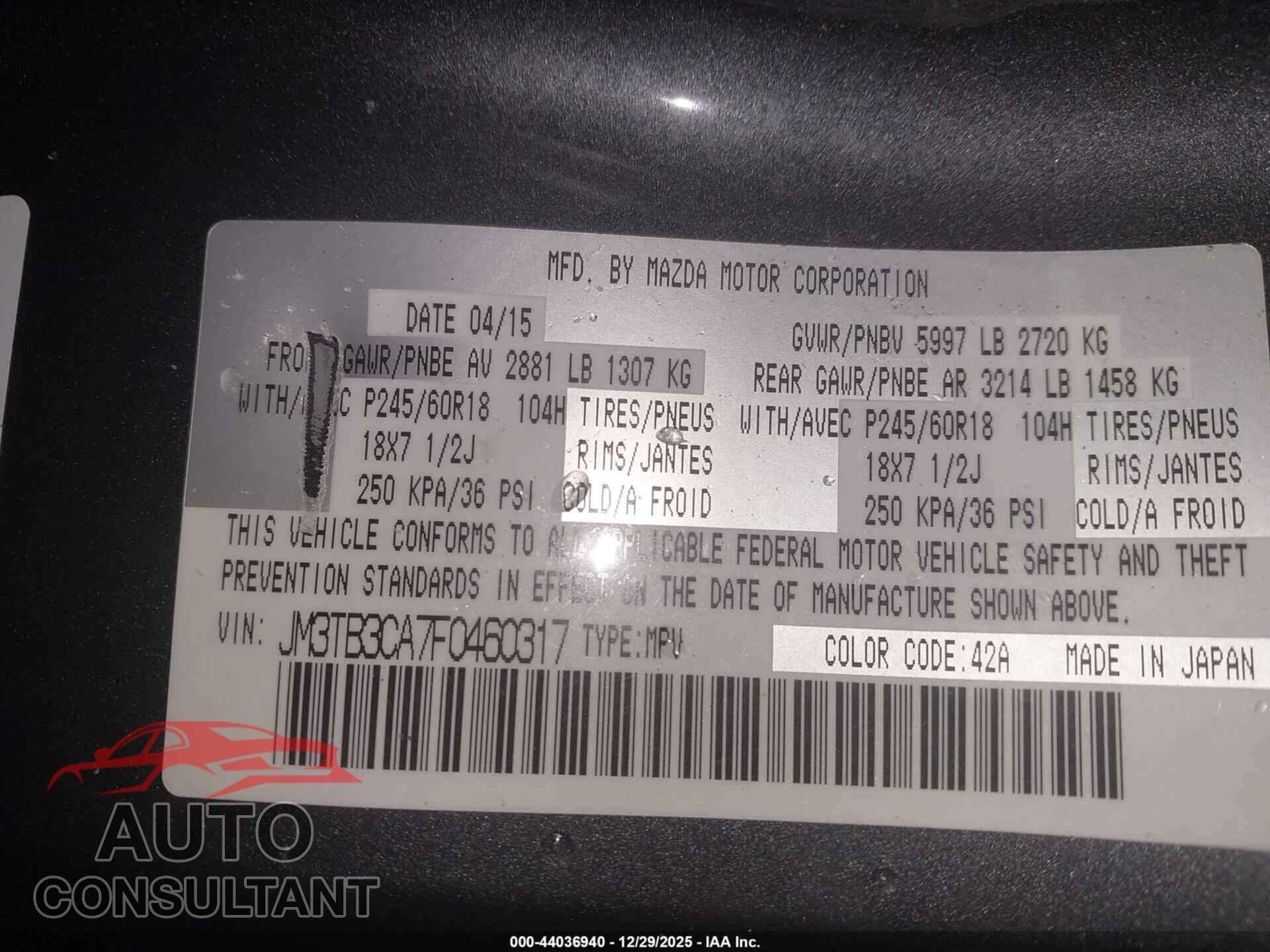MAZDA CX-9 2015 - JM3TB3CA7F0460317