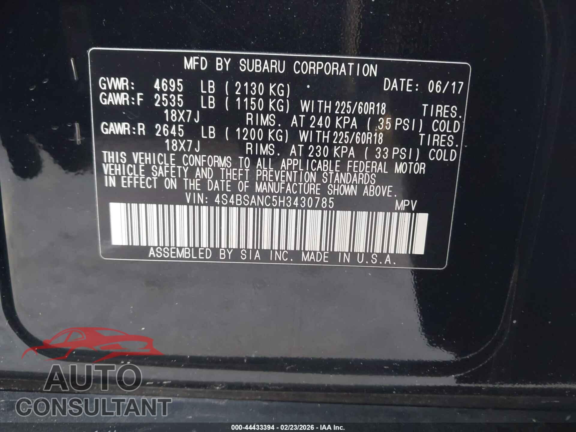 SUBARU OUTBACK 2017 - 4S4BSANC5H3430785