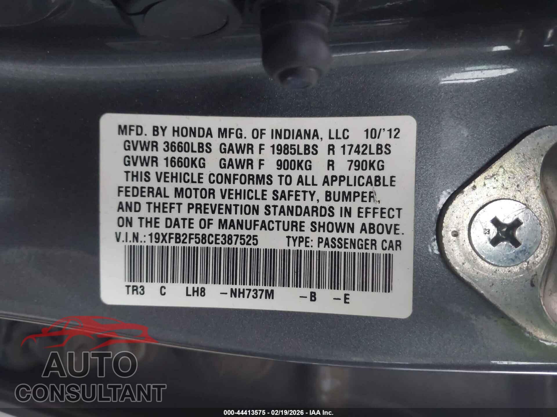 HONDA CIVIC 2012 - 19XFB2F58CE387525