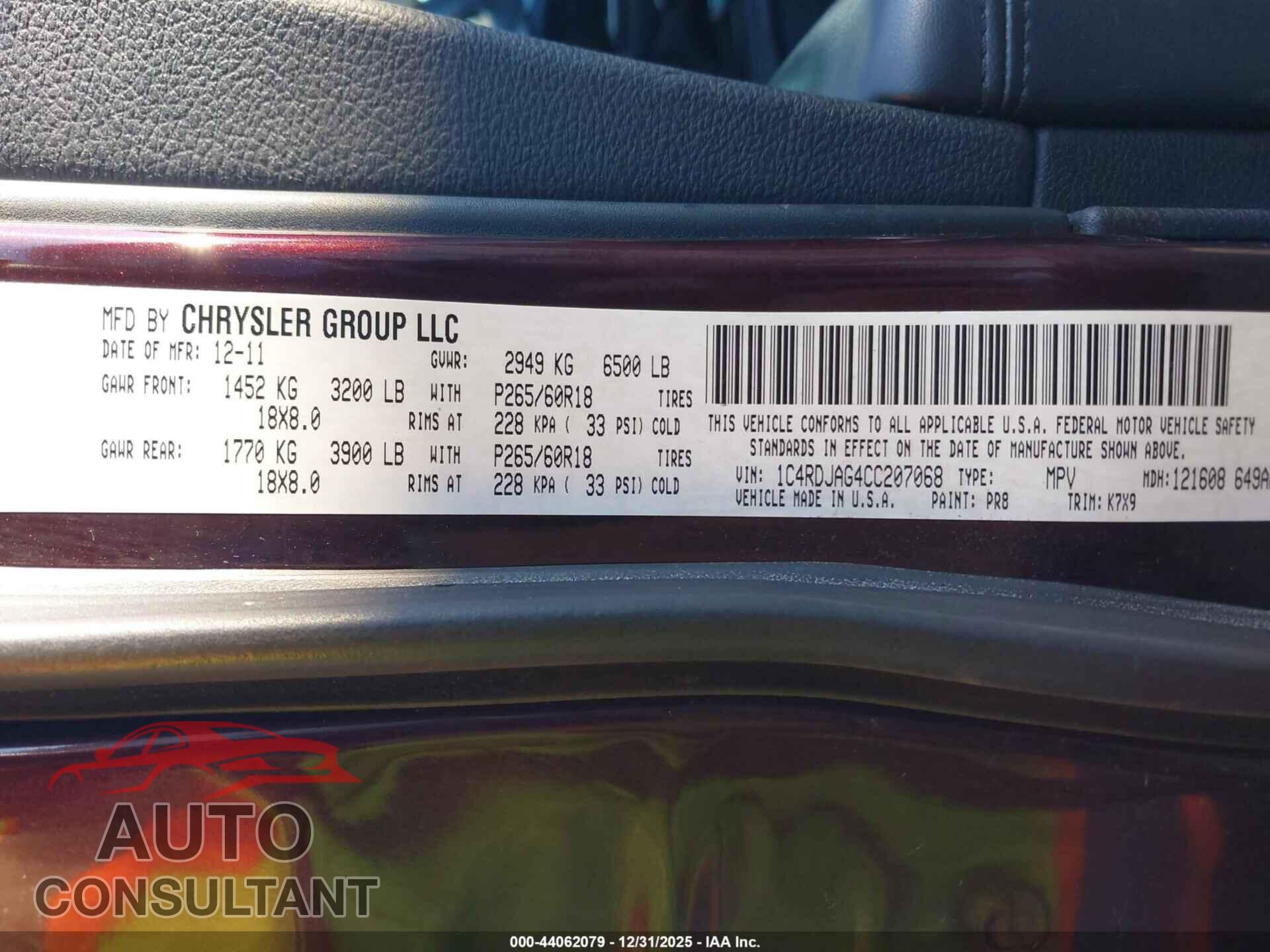 DODGE DURANGO 2012 - 1C4RDJAG4CC207068