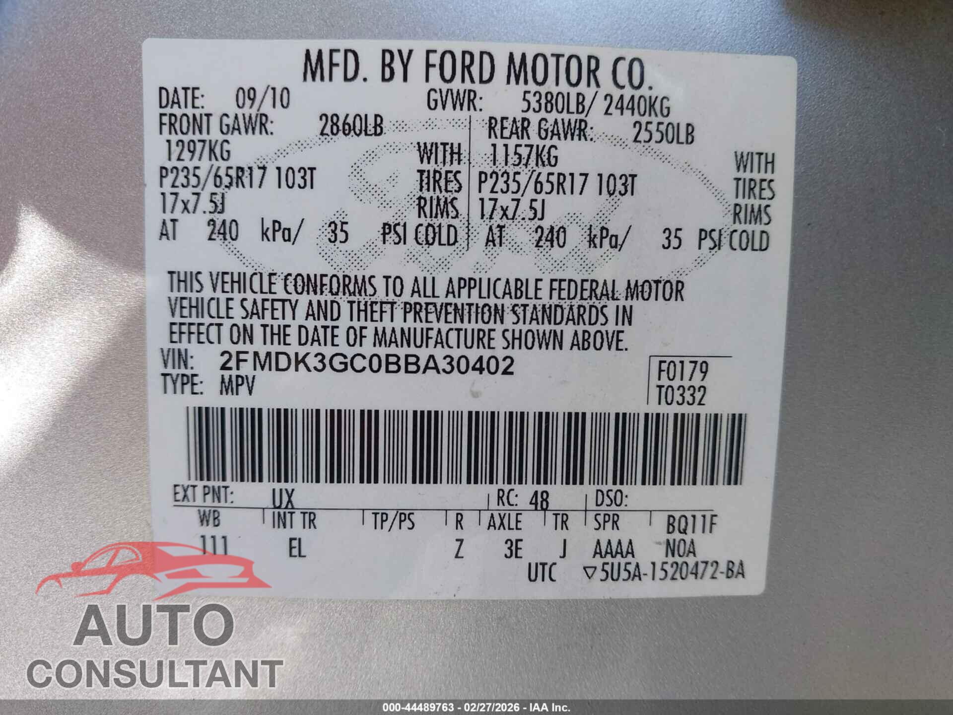 FORD EDGE 2011 - 2FMDK3GC0BBA30402