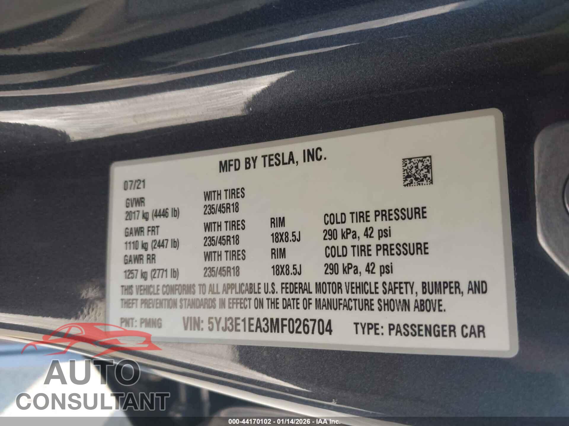 TESLA MODEL 3 2021 - 5YJ3E1EA3MF026704