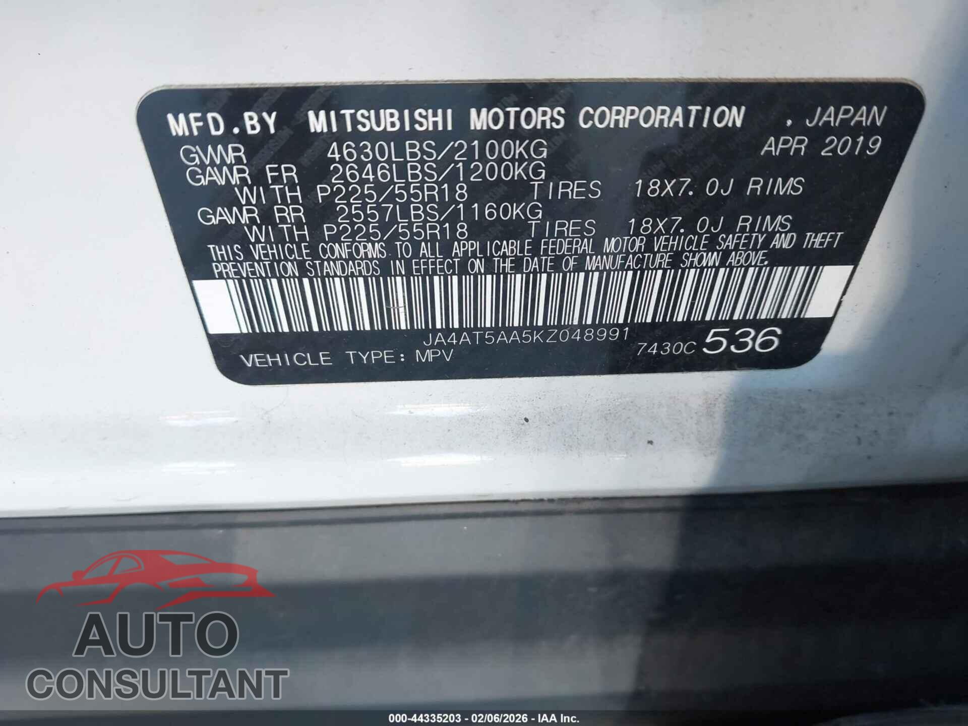 MITSUBISHI ECLIPSE CROSS 2019 - JA4AT5AA5KZ048991