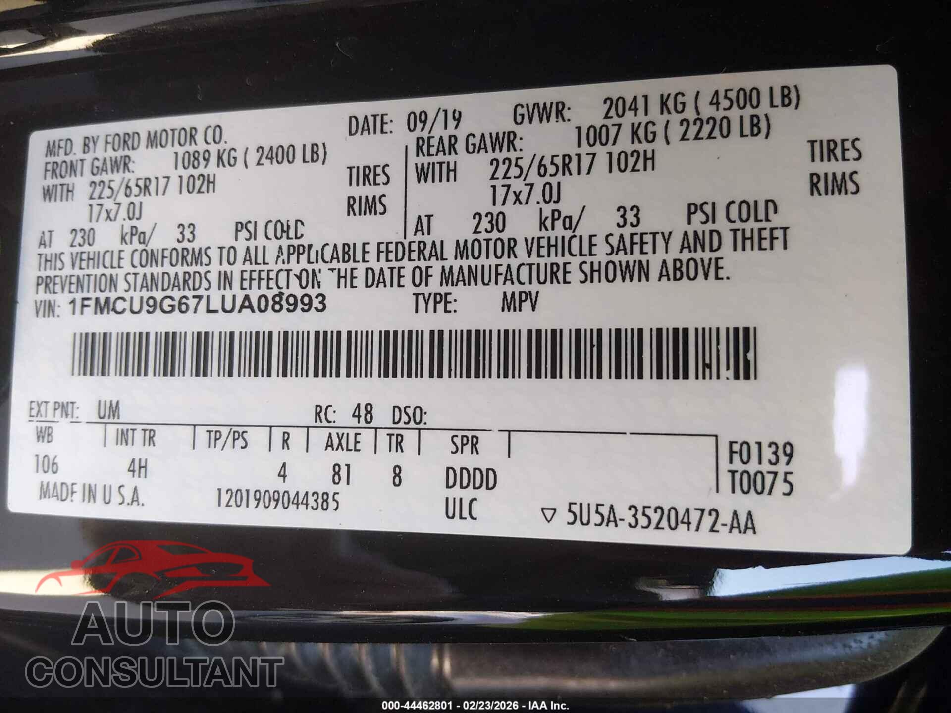 FORD ESCAPE 2020 - 1FMCU9G67LUA08993