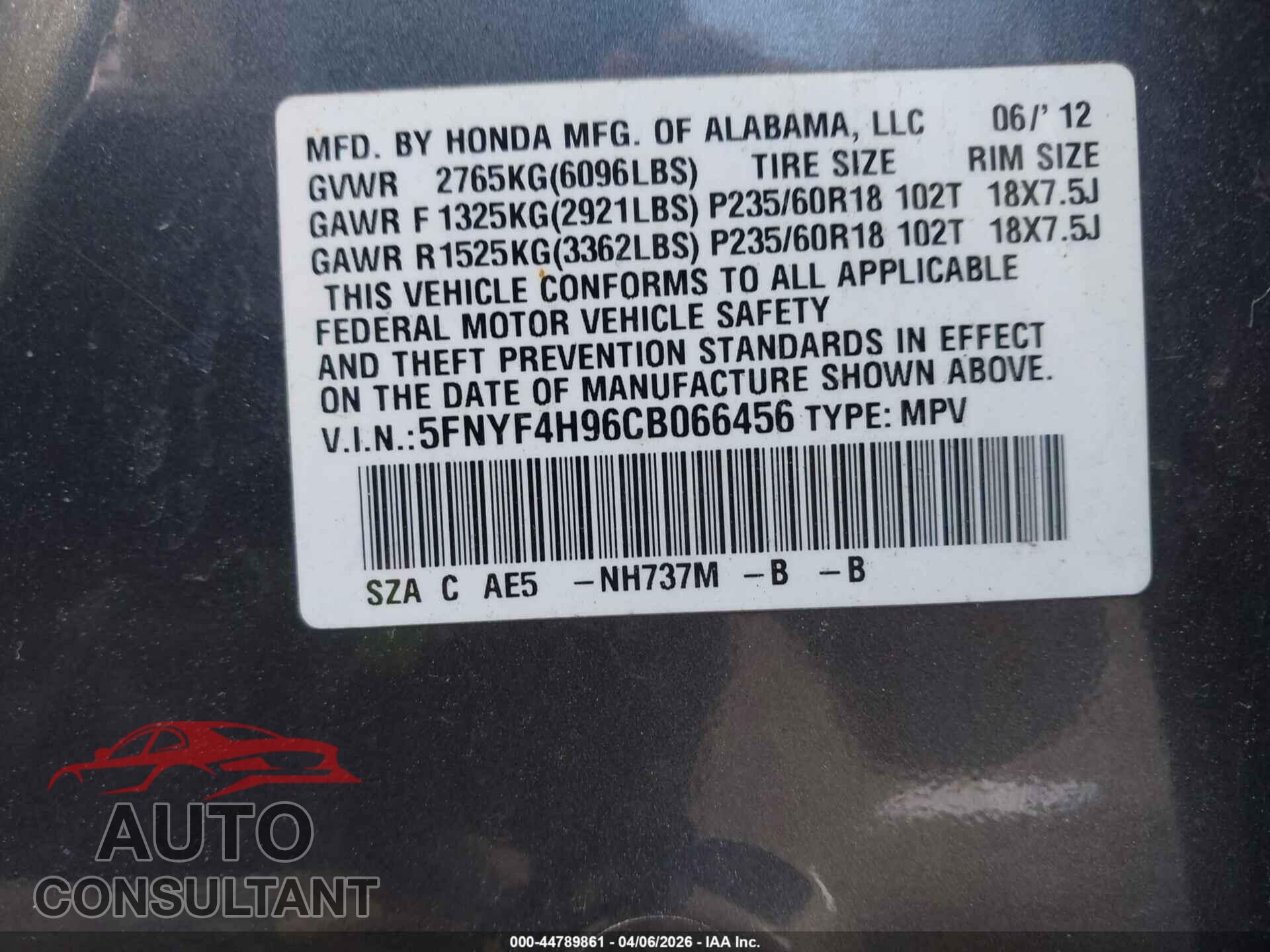 HONDA PILOT 2012 - 5FNYF4H96CB066456