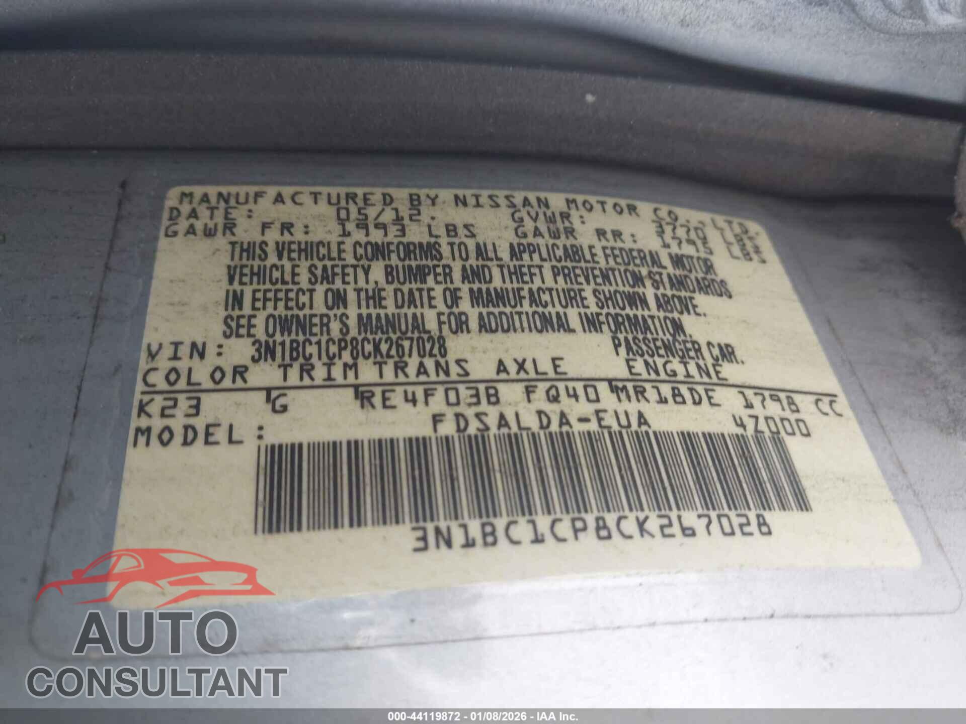 NISSAN VERSA 2012 - 3N1BC1CP8CK267028