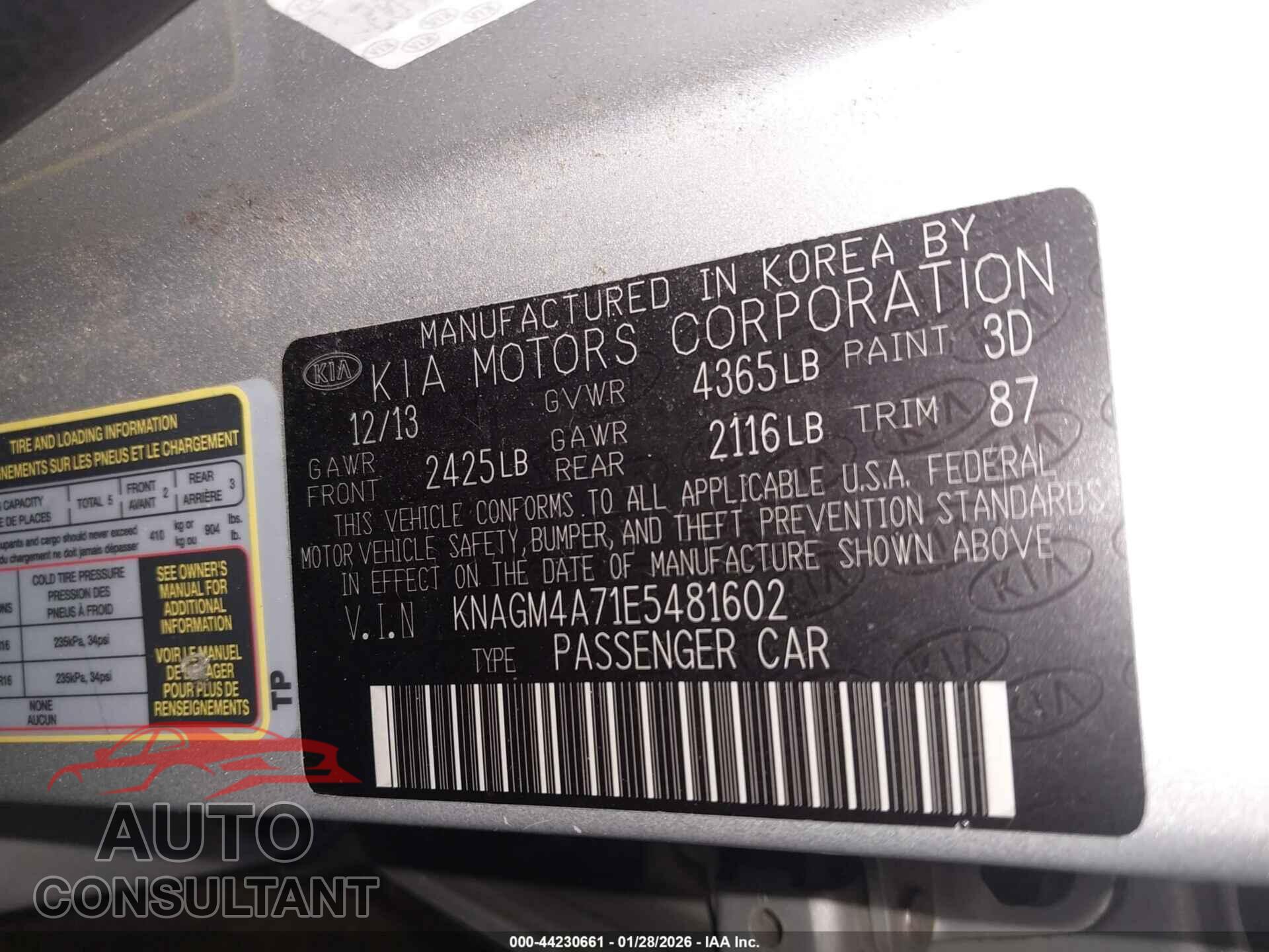 KIA OPTIMA 2014 - KNAGM4A71E5481602