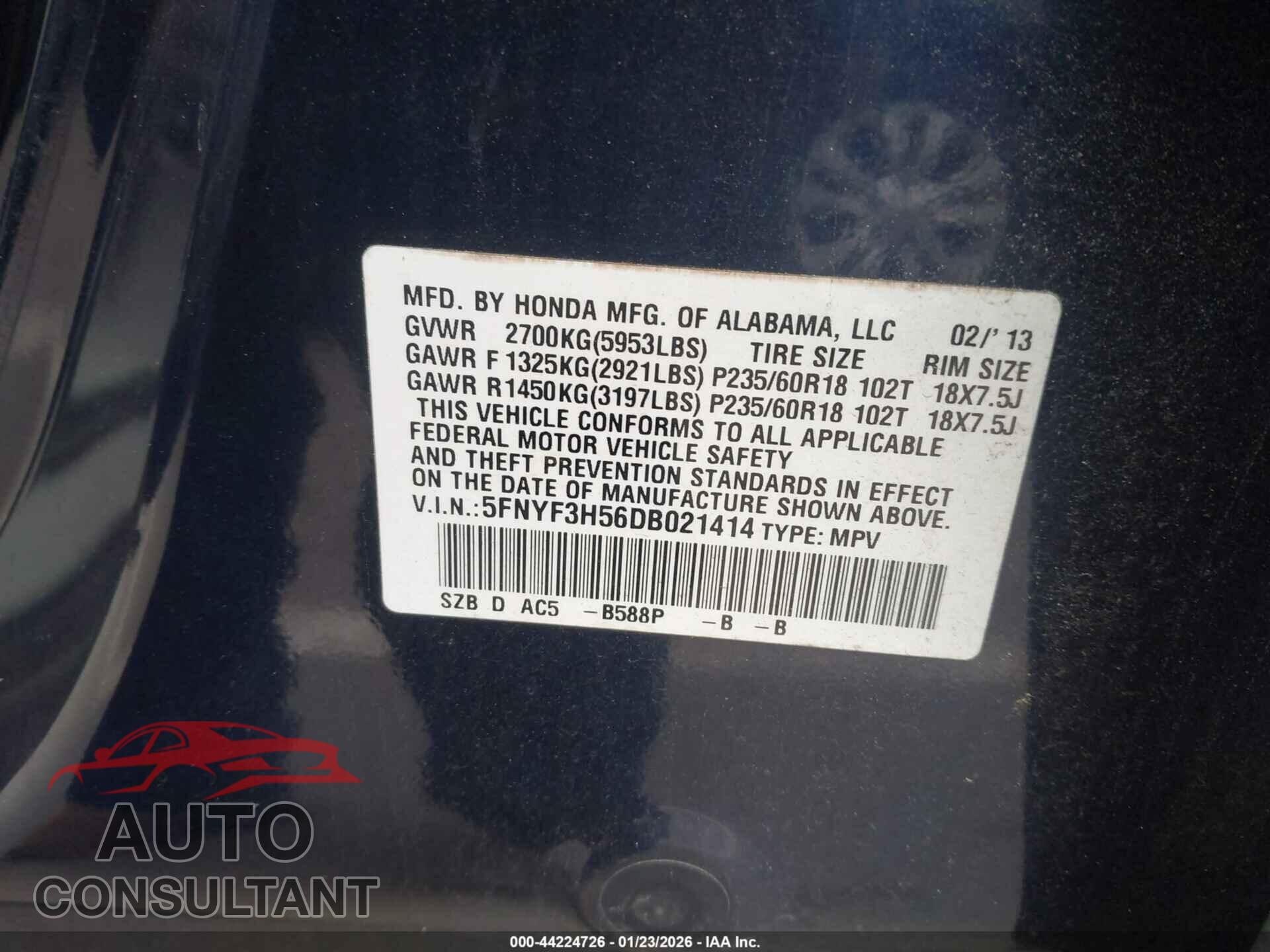 HONDA PILOT 2013 - 5FNYF3H56DB021414