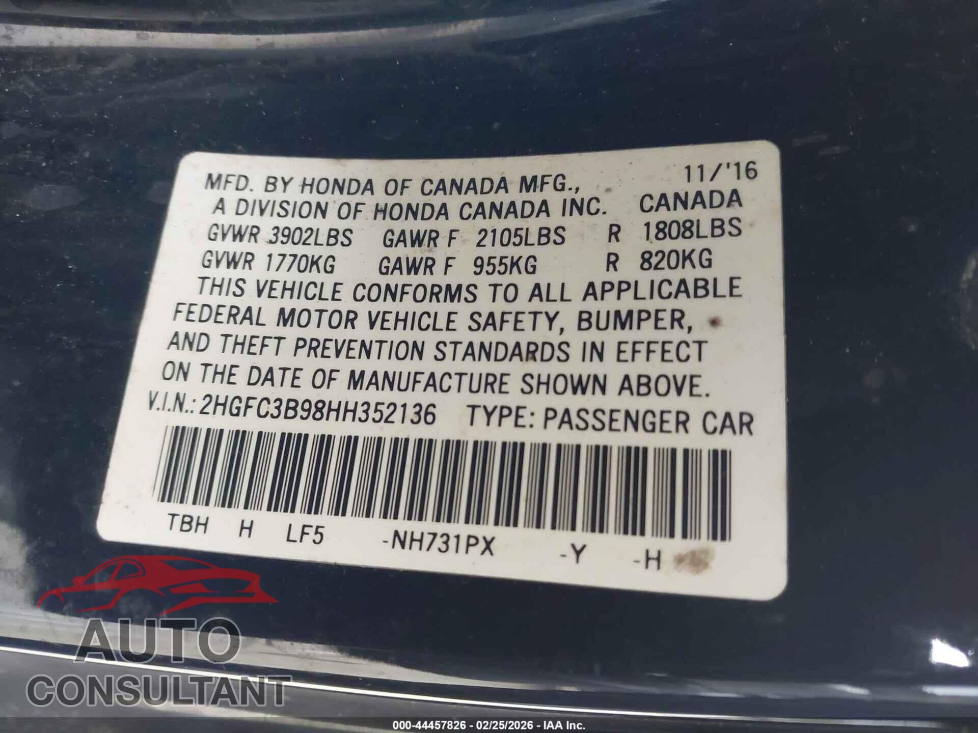 HONDA CIVIC 2017 - 2HGFC3B98HH352136