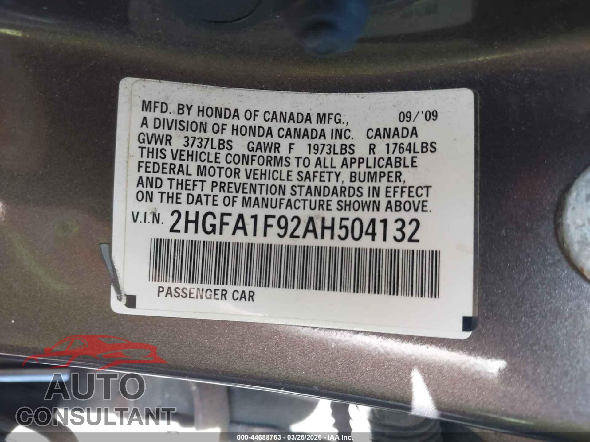 HONDA CIVIC 2010 - 2HGFA1F92AH504132