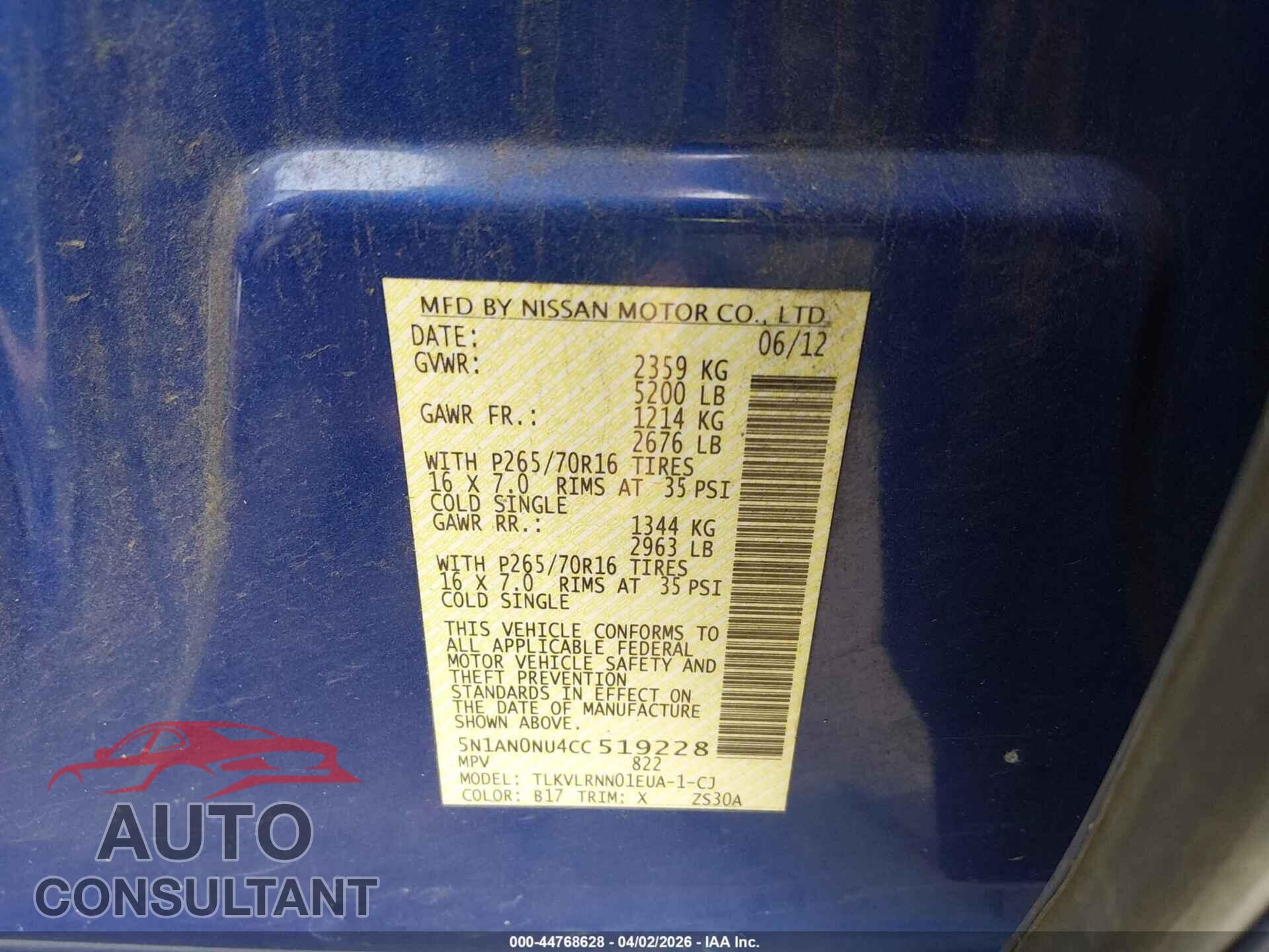 NISSAN XTERRA 2012 - 5N1AN0NU4CC519228