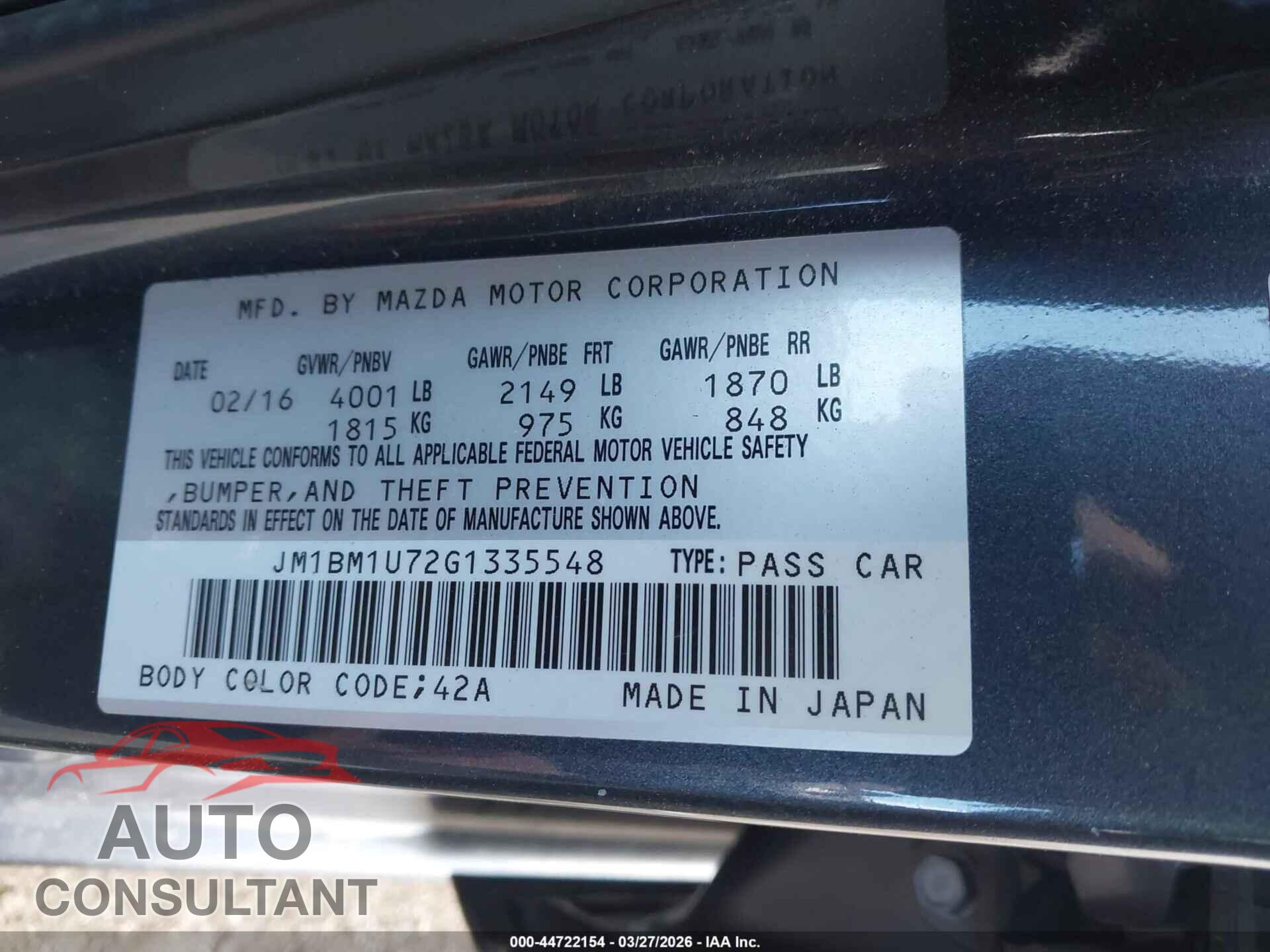 MAZDA MAZDA3 2016 - JM1BM1U72G1335548