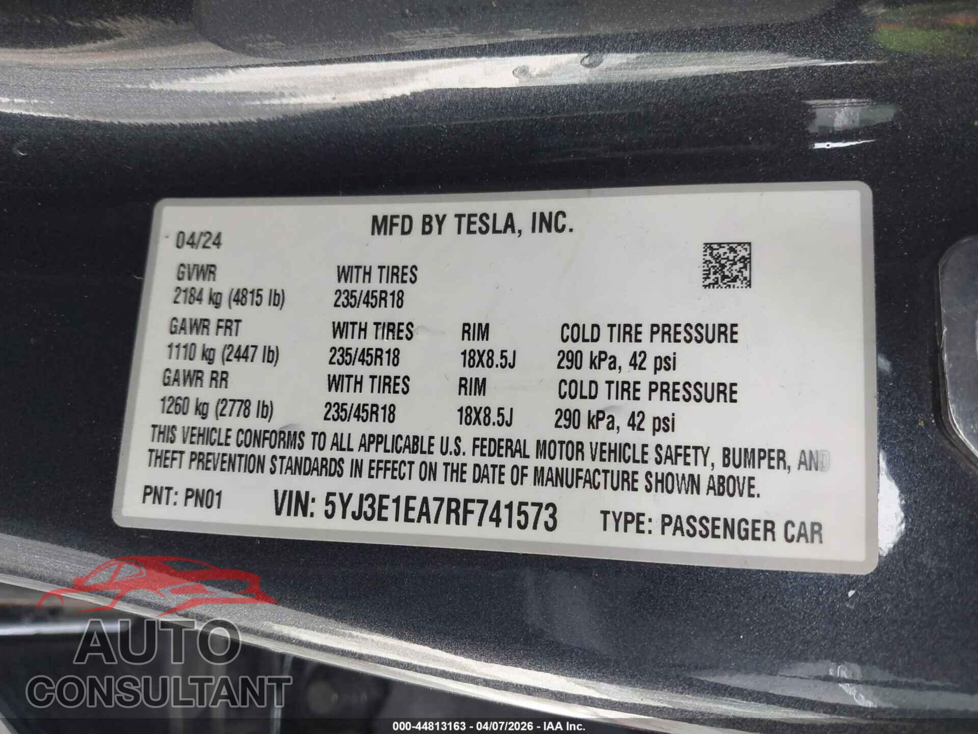 TESLA MODEL 3 2024 - 5YJ3E1EA7RF741573
