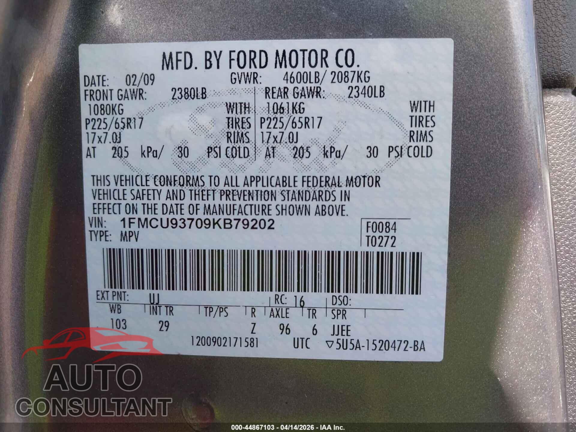 FORD ESCAPE 2009 - 1FMCU93709KB79202