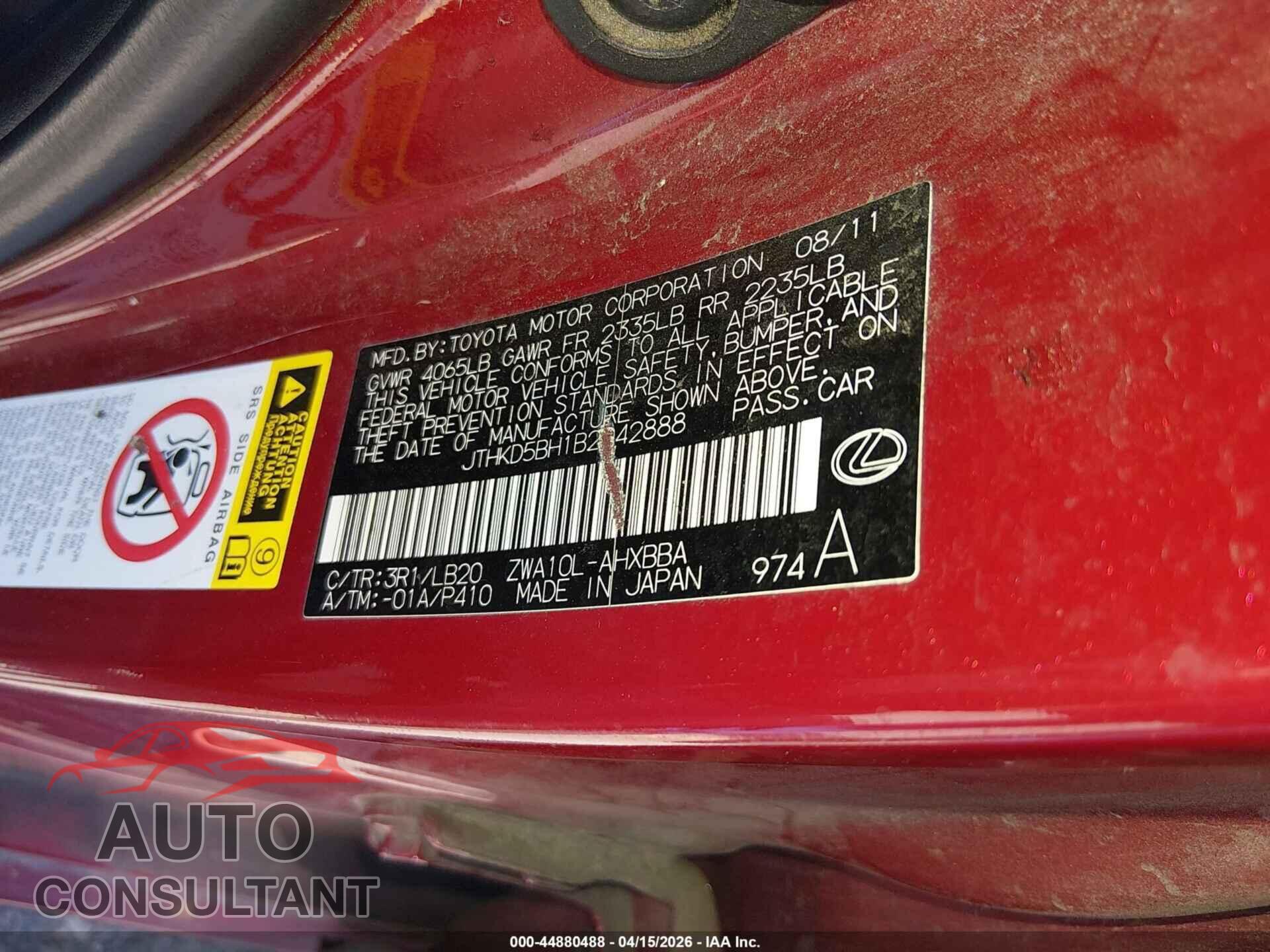 LEXUS CT 200H 2011 - JTHKD5BH1B2042888
