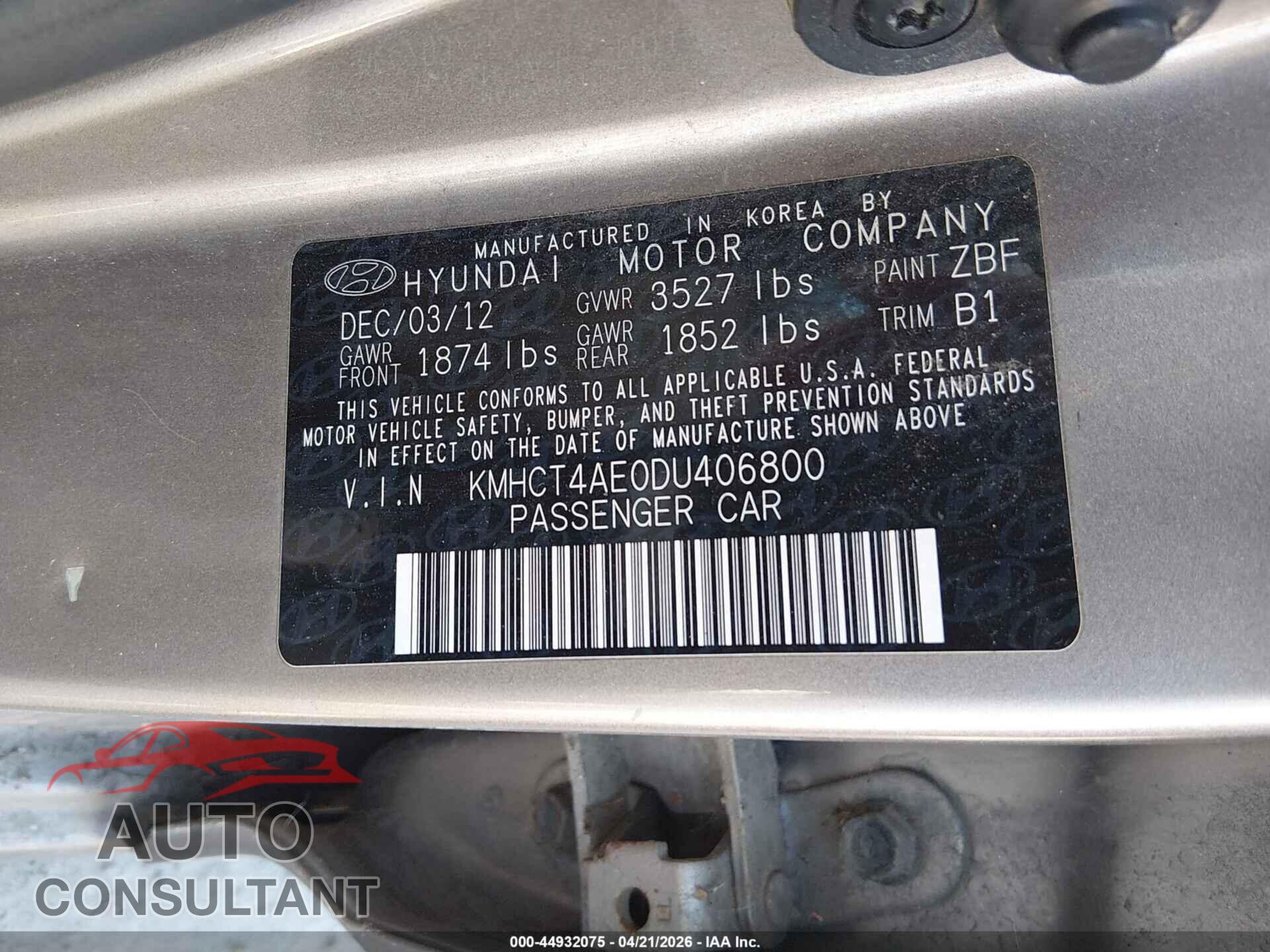 HYUNDAI ACCENT 2013 - KMHCT4AE0DU406800