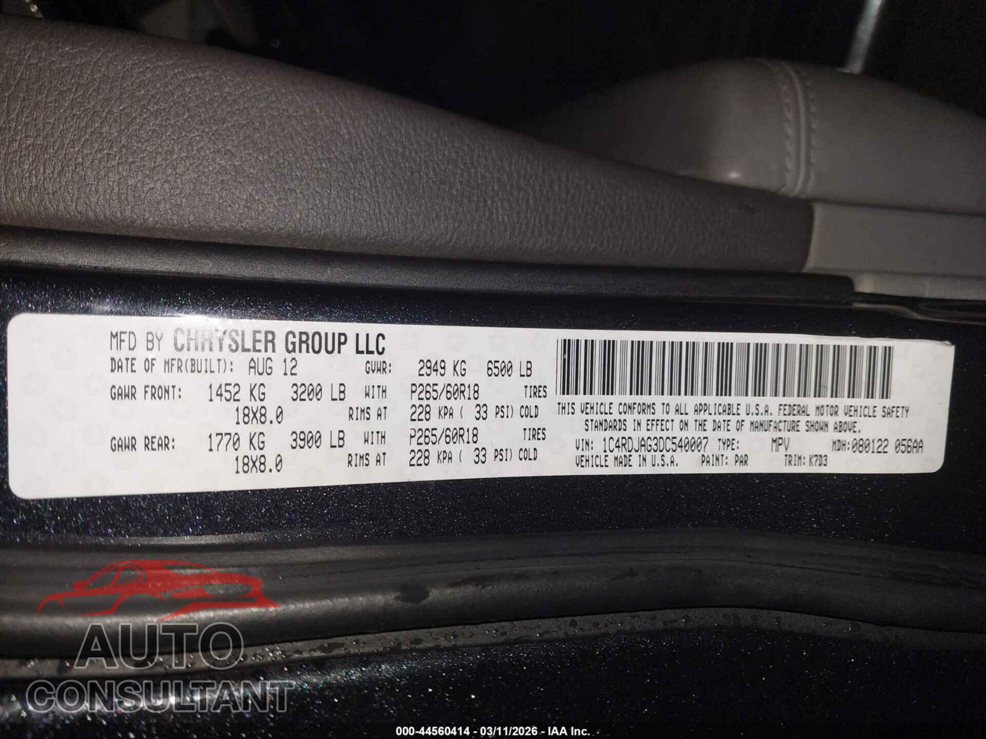 DODGE DURANGO 2013 - 1C4RDJAG3DC540007