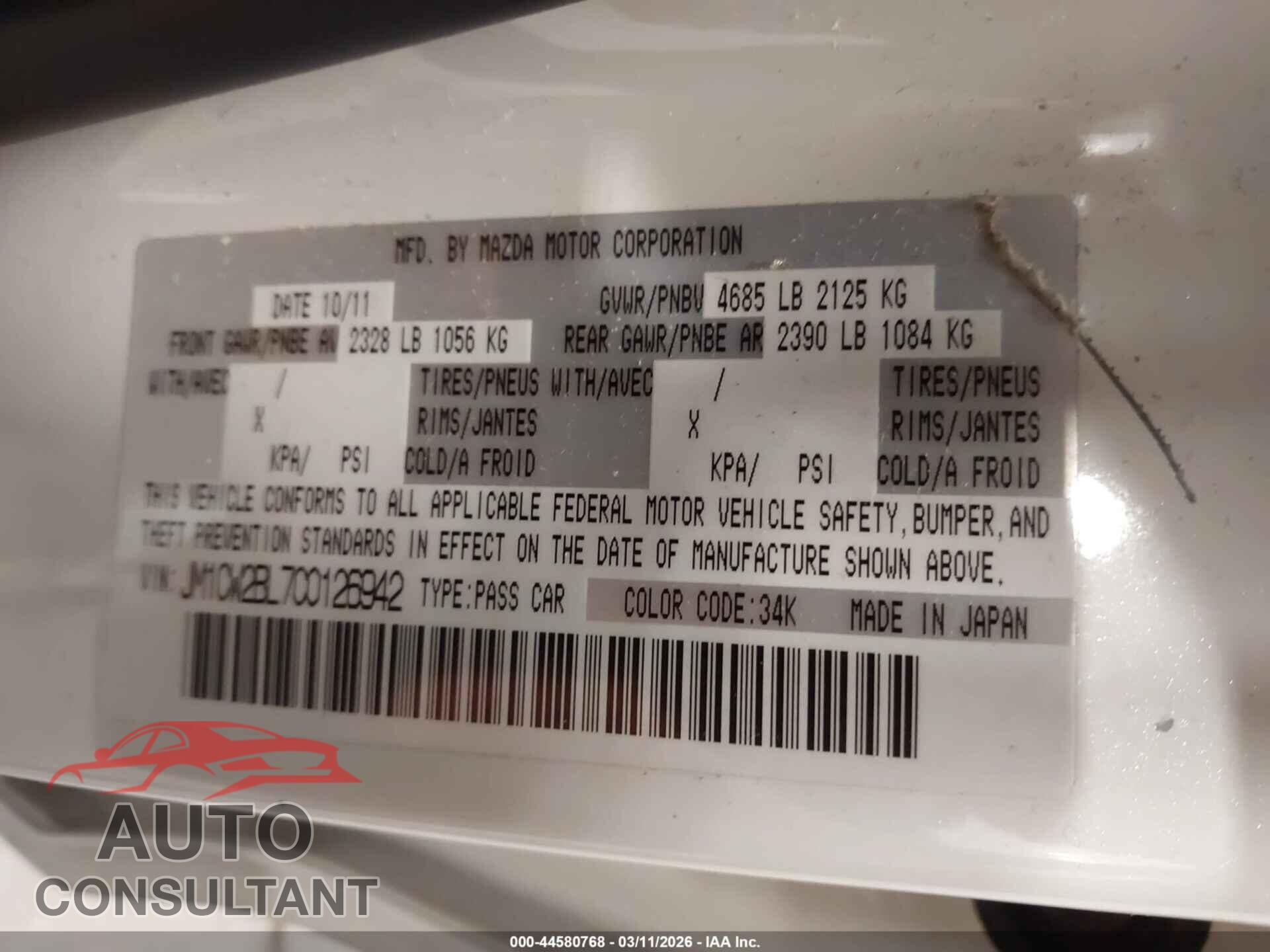 MAZDA MAZDA5 2012 - JM1CW2BL7C0126942