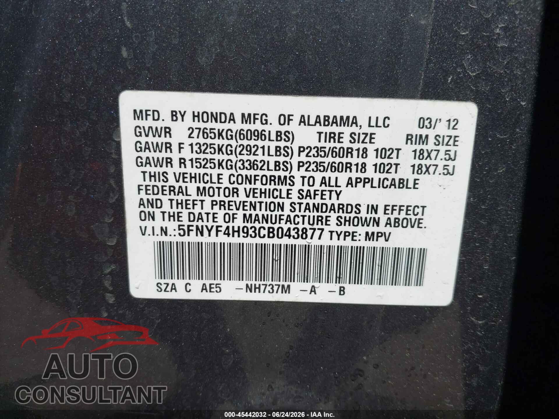 HONDA PILOT 2012 - 5FNYF4H93CB043877