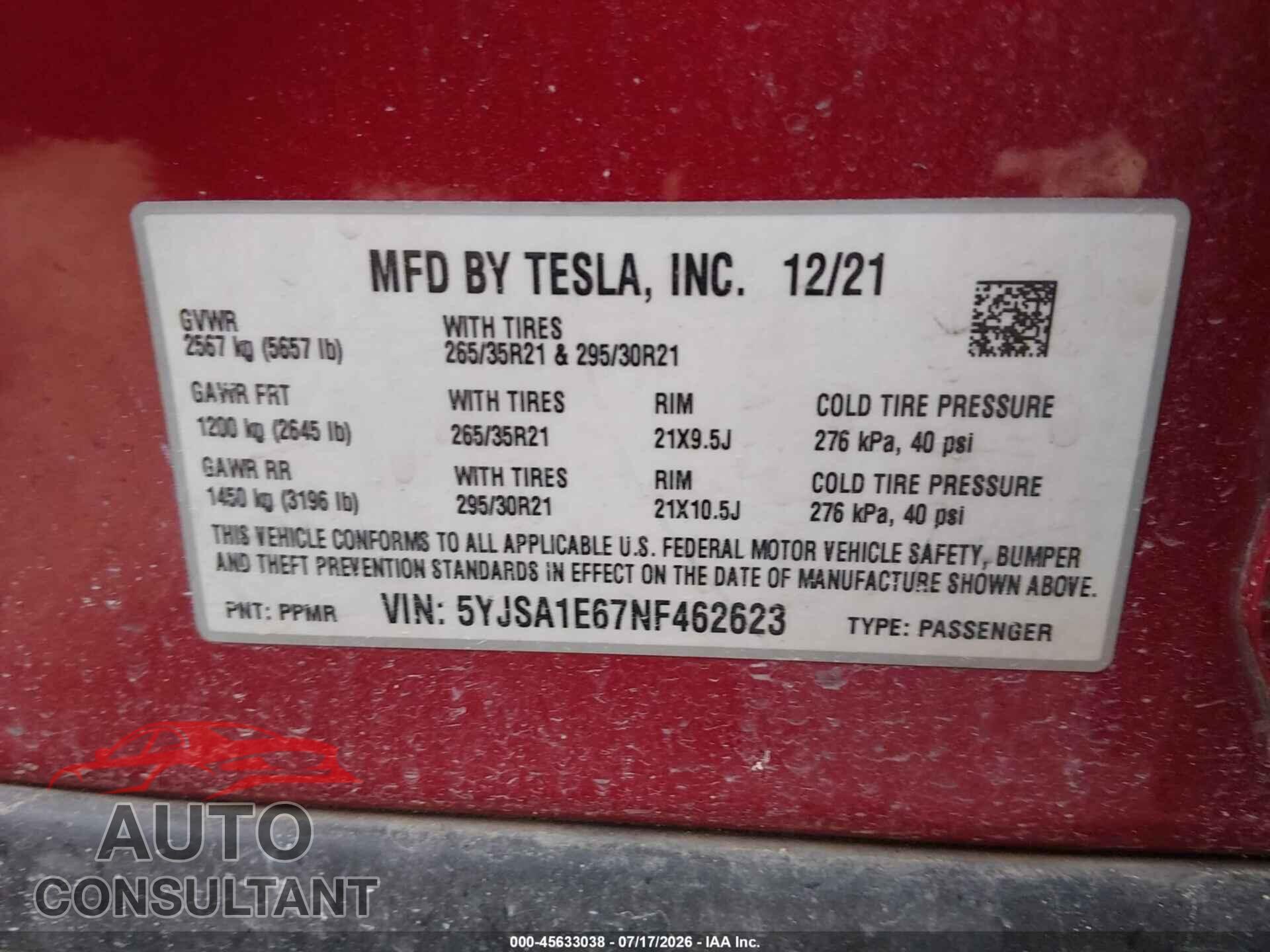 TESLA MODEL S 2022 - 5YJSA1E67NF462623