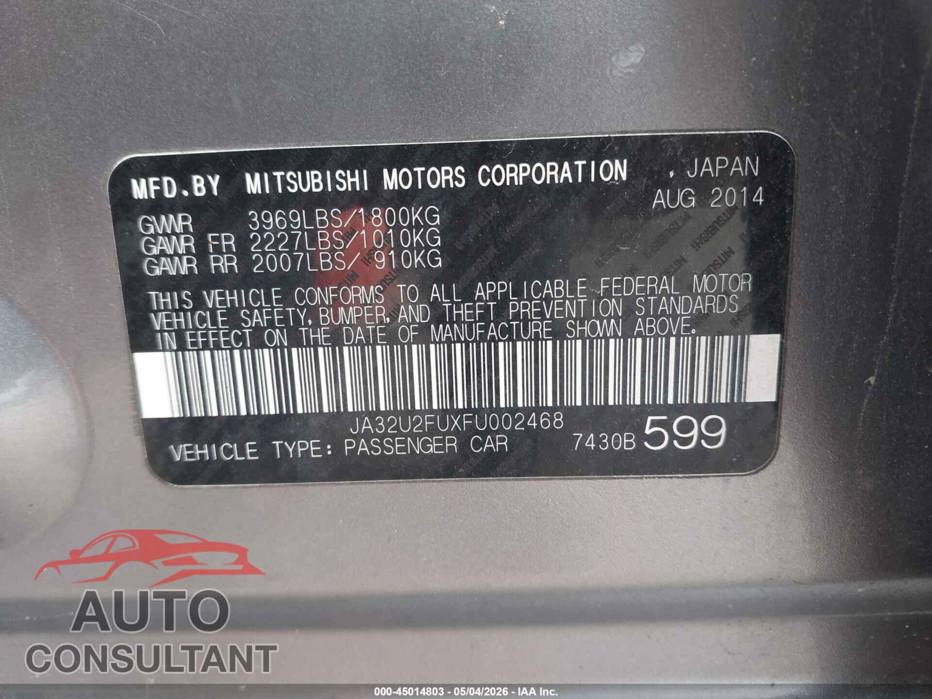 MITSUBISHI LANCER 2015 - JA32U2FUXFU002468