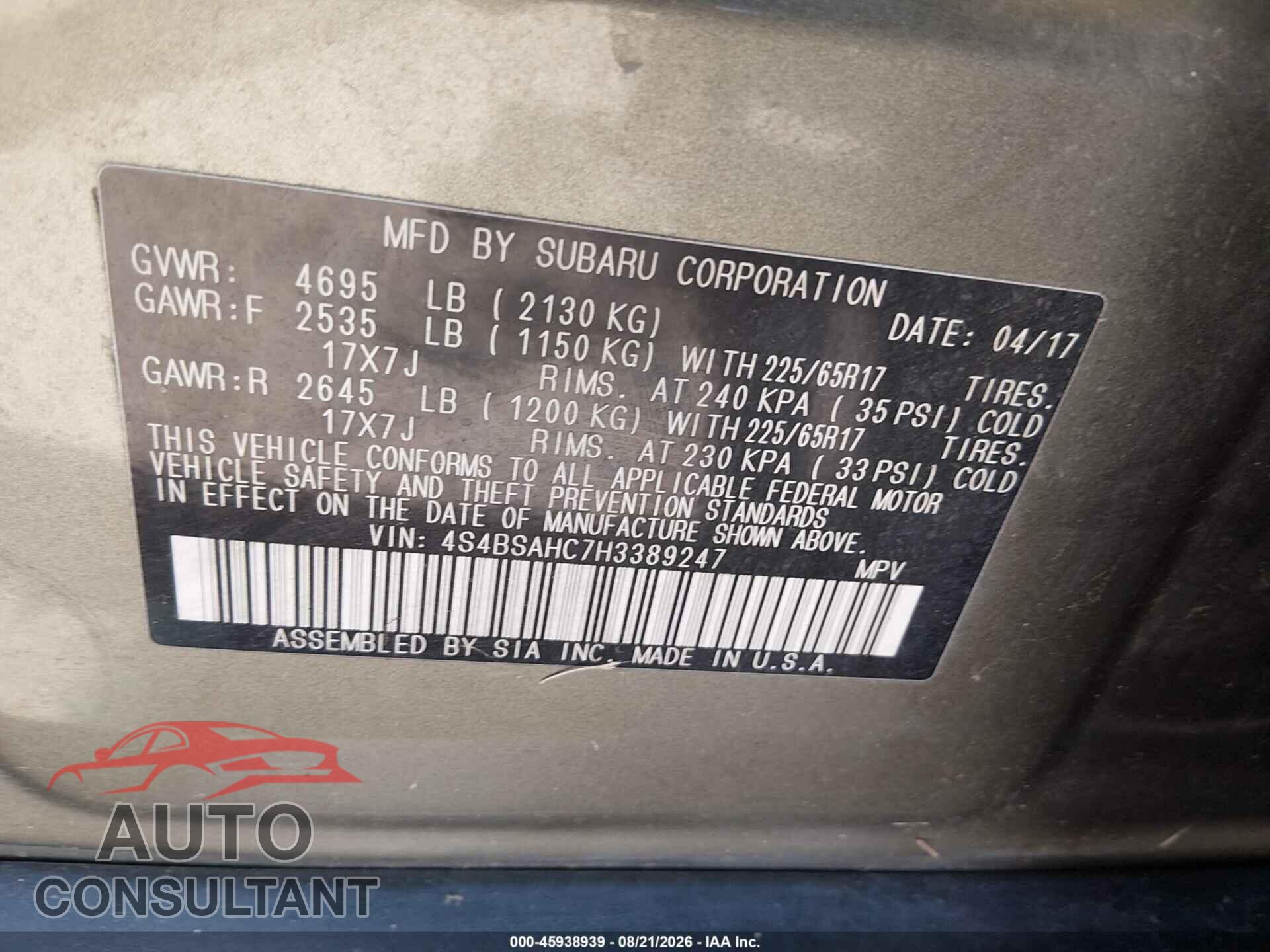 SUBARU OUTBACK 2017 - 4S4BSAHC7H3389247