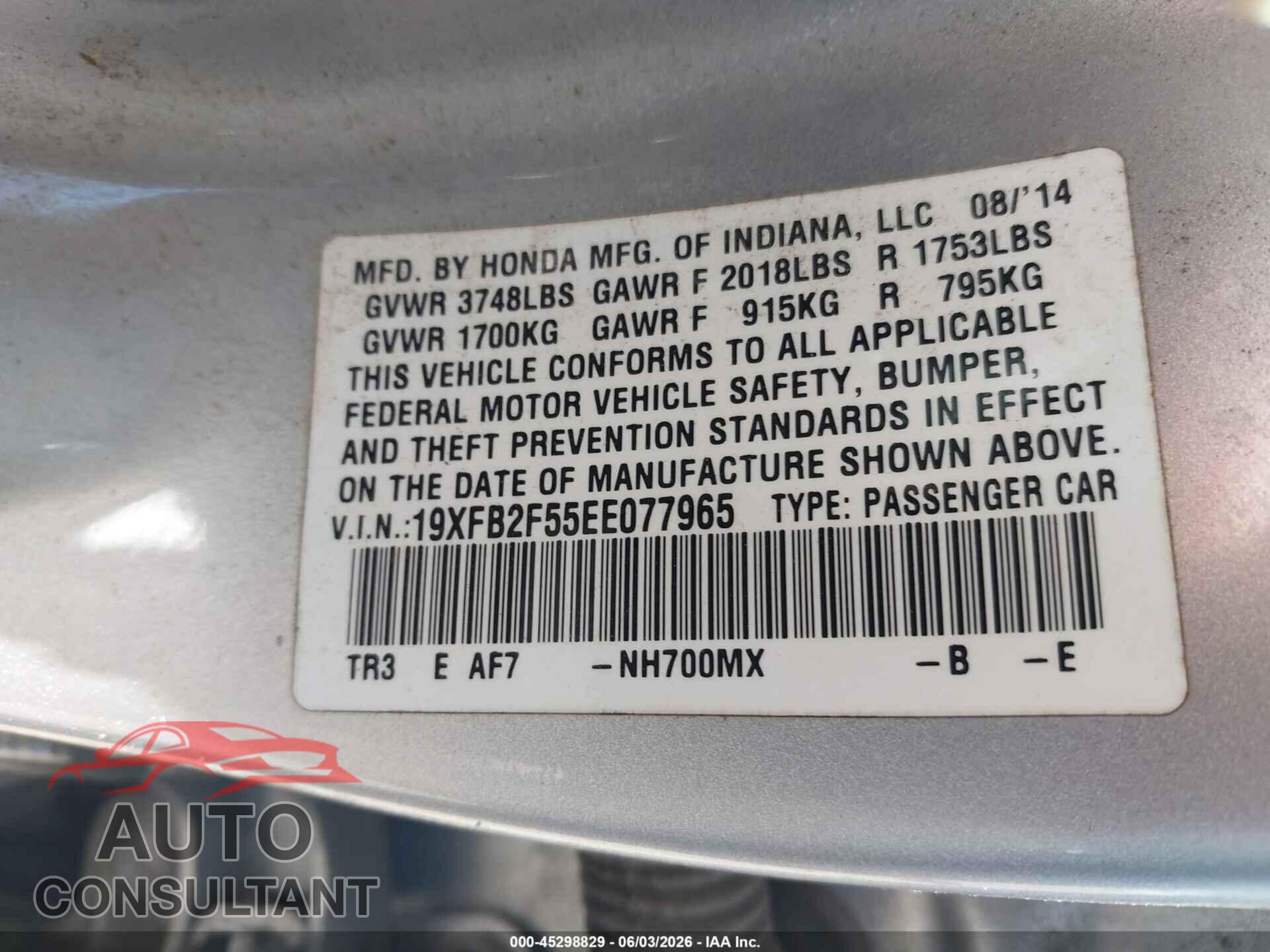 HONDA CIVIC 2014 - 19XFB2F55EE077965
