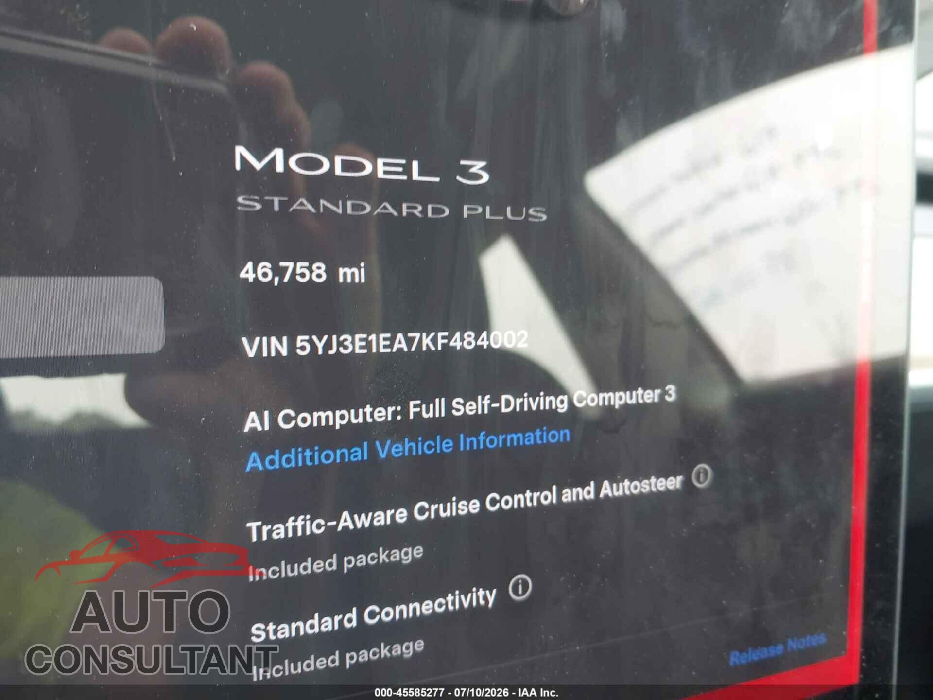 TESLA MODEL 3 2019 - 5YJ3E1EA7KF484002