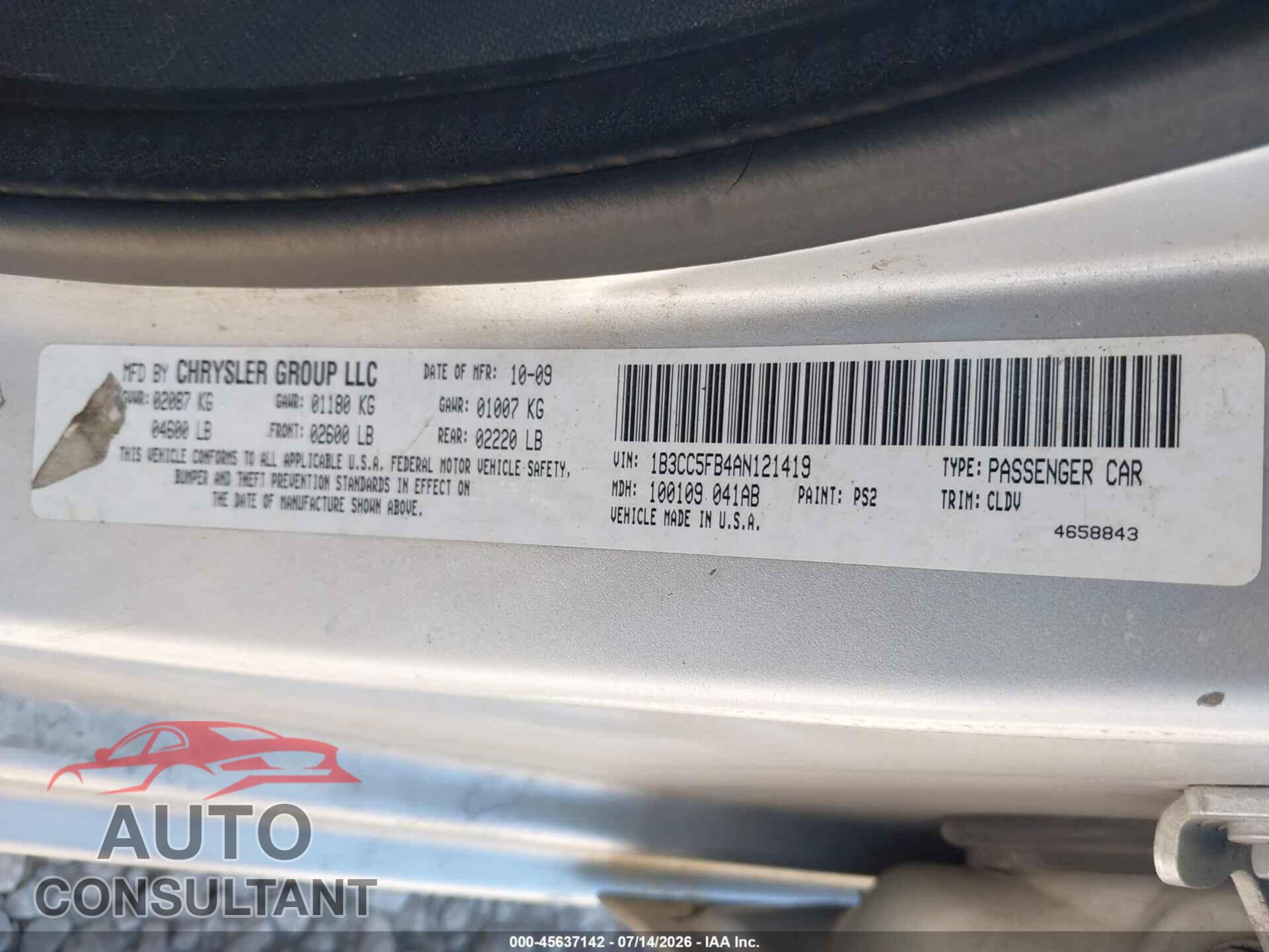 DODGE AVENGER 2010 - 1B3CC5FB4AN121419