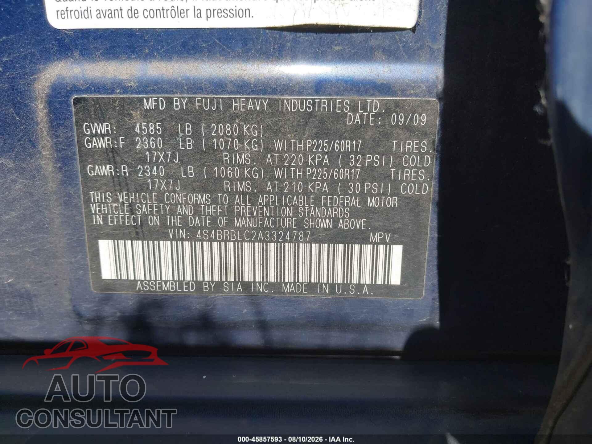 SUBARU OUTBACK 2010 - 4S4BRBLC2A3324787