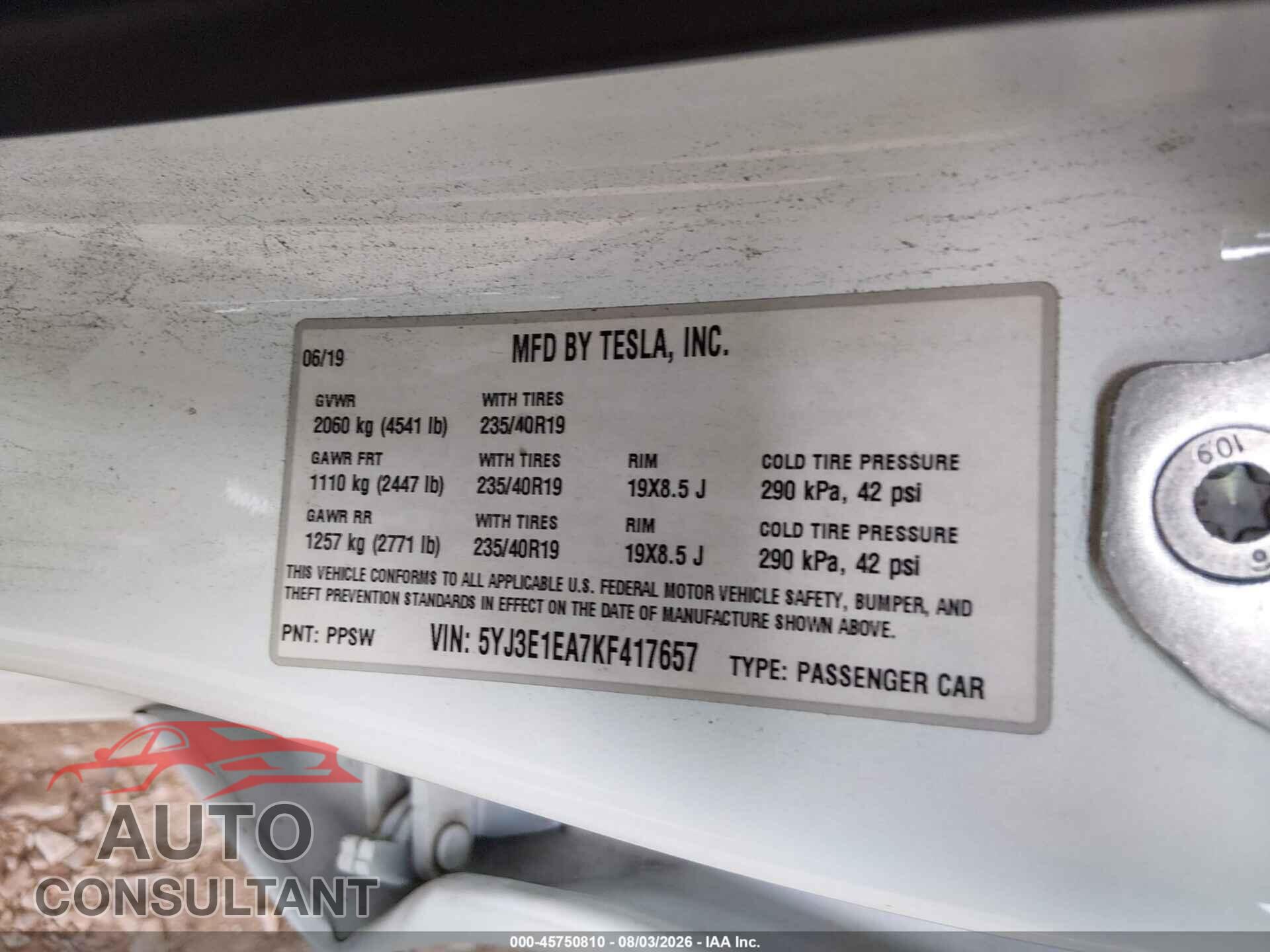 TESLA MODEL 3 2019 - 5YJ3E1EA7KF417657