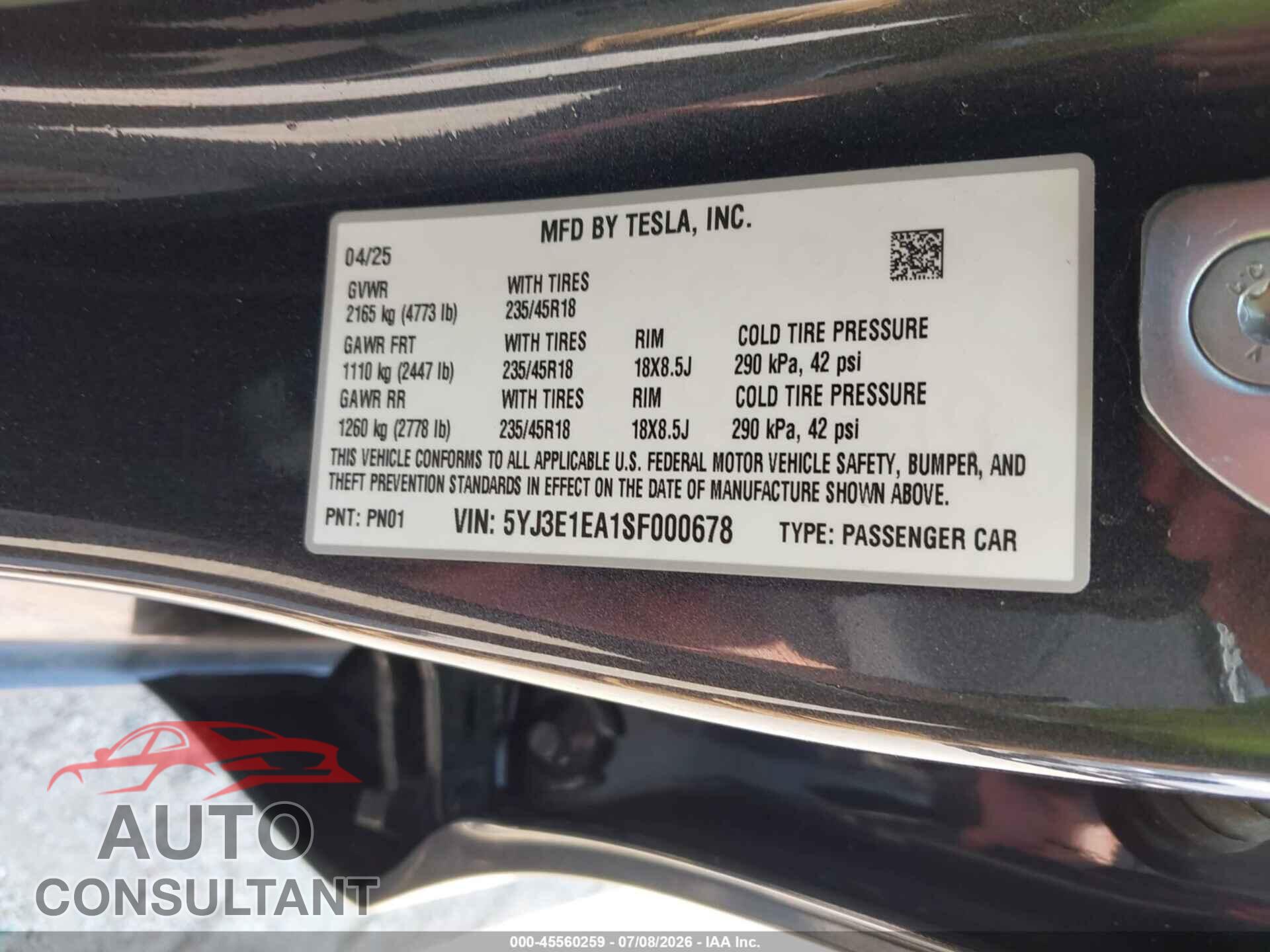 TESLA MODEL 3 2025 - 5YJ3E1EA1SF000678